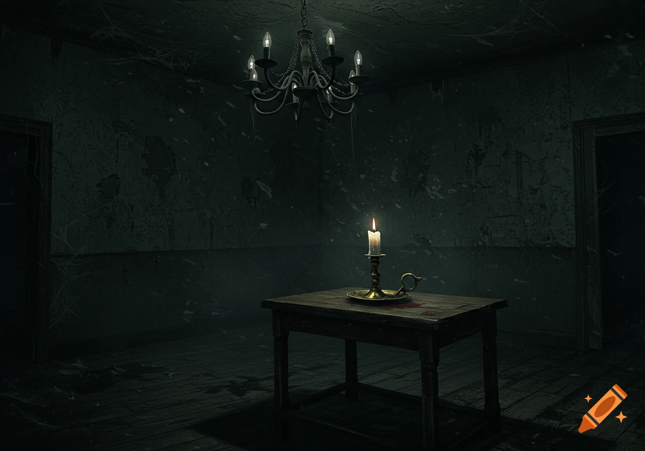 A dark, dilapidated room with a single lit candle on a wooden table, under a chandelier, with cobwebs and peeling paint.
