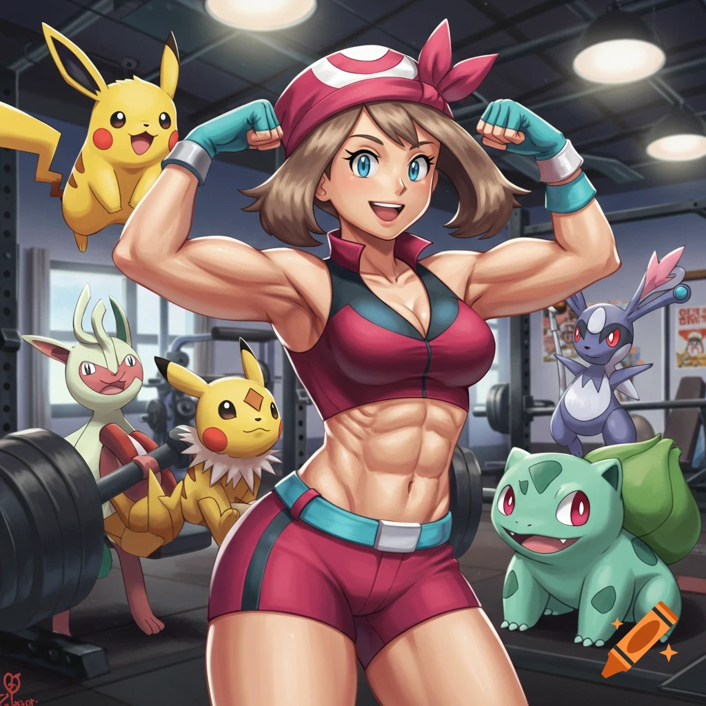 Anime-style illustration of muscular Pok Pocketmon trainer May flexing in a gym, surrounded by various Pok Pocketmon like Pikachu and Bulbasaur.