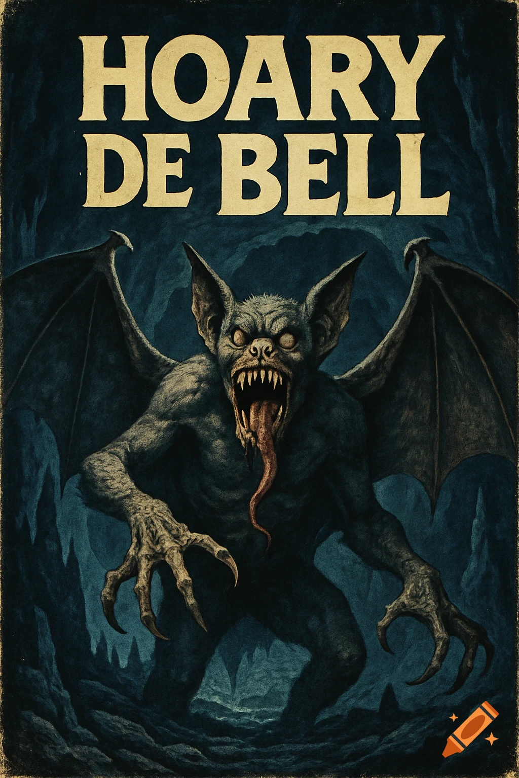 70s horror movie poster of a grotesque bat-humanoid monster with fangs and a long tongue in a dark cave.