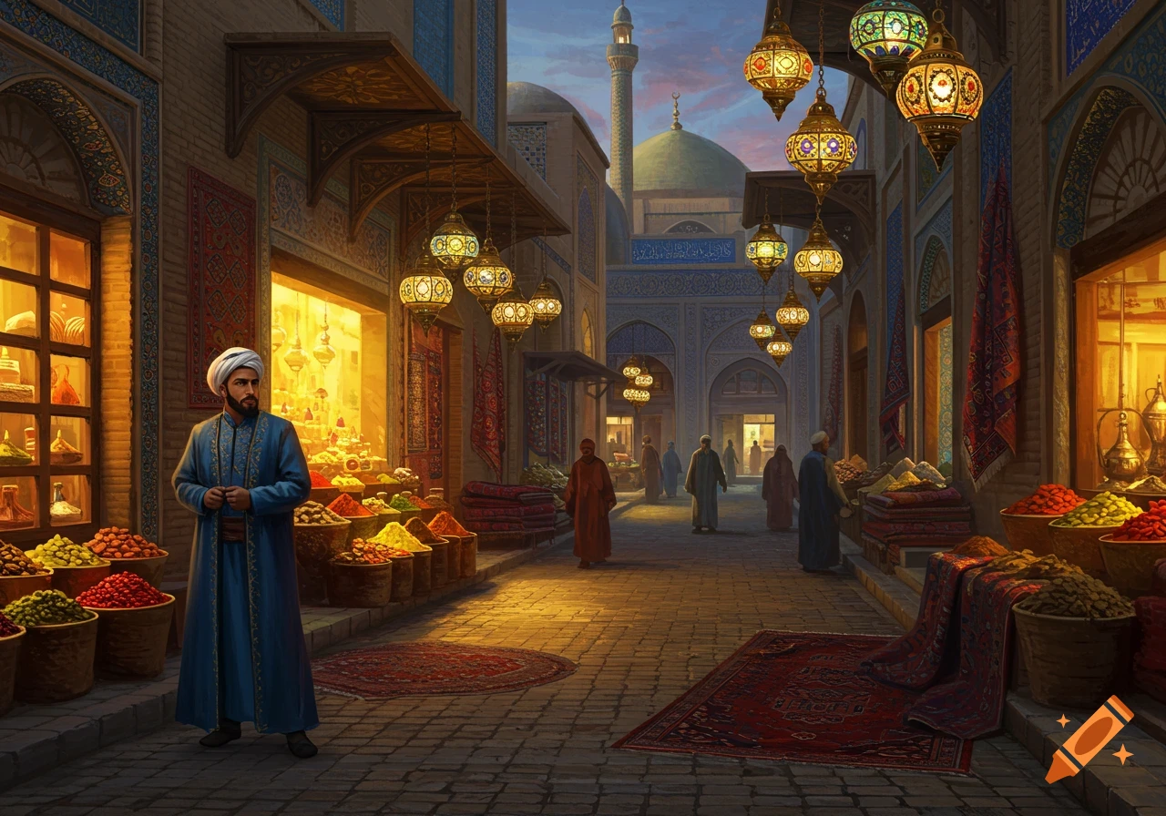 A vibrant traditional Persian market scene at dusk, with a man in a blue robe, stalls of colorful spices, and ornate lanterns.