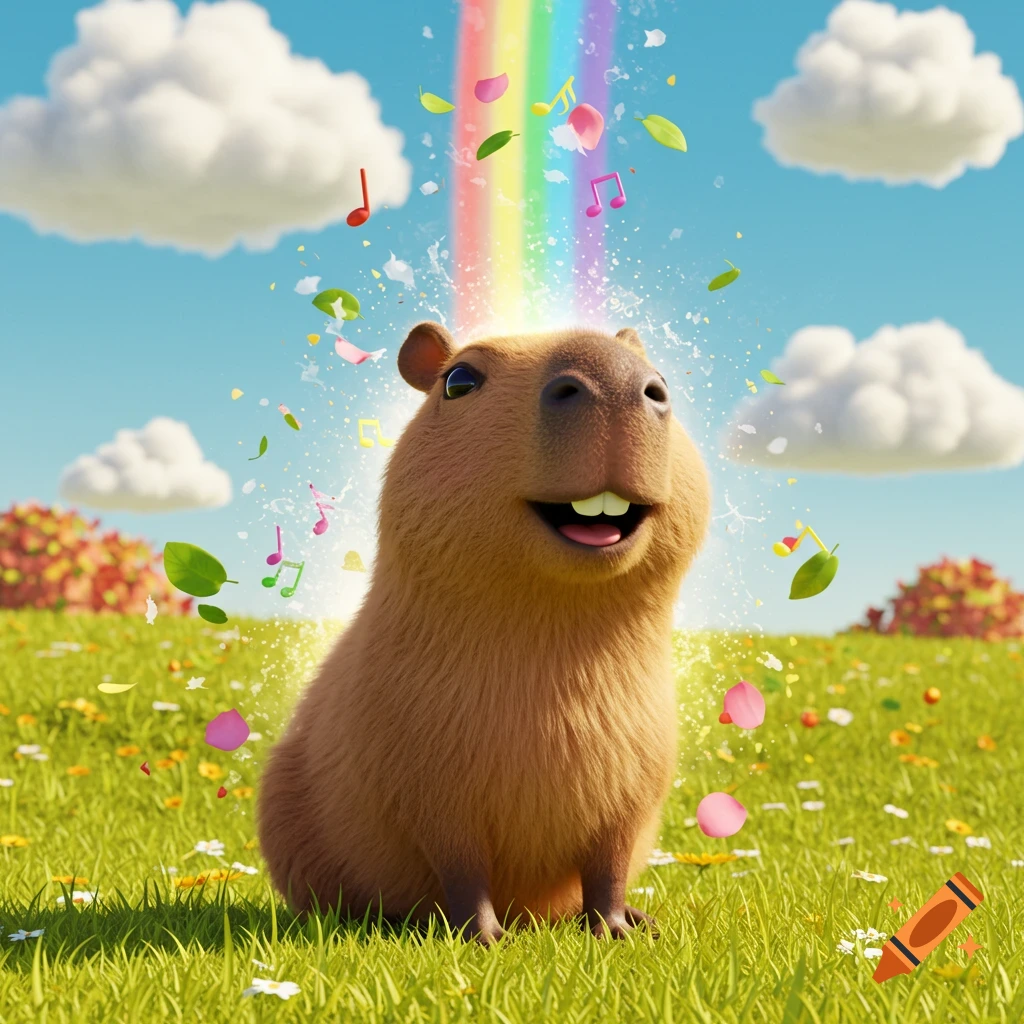 A smiling cartoon capybara sits in a sunny grassy field, with a rainbow and musical notes coming from its back.