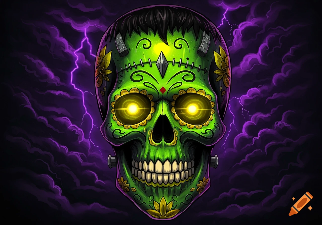 Vibrant green Frankenstein-inspired sugar skull with glowing yellow eyes against a dark purple lightning and cloud background.