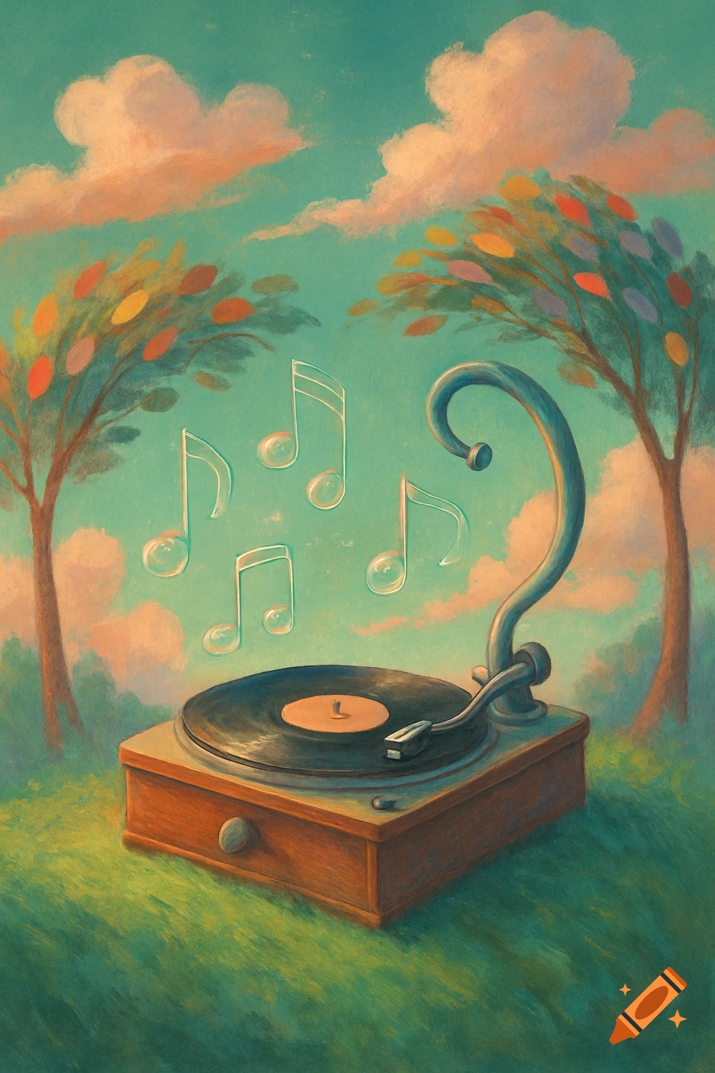 Whimsical painting of a gramophone in a vibrant, dreamy landscape with colorful trees, pink clouds, and floating musical notes.