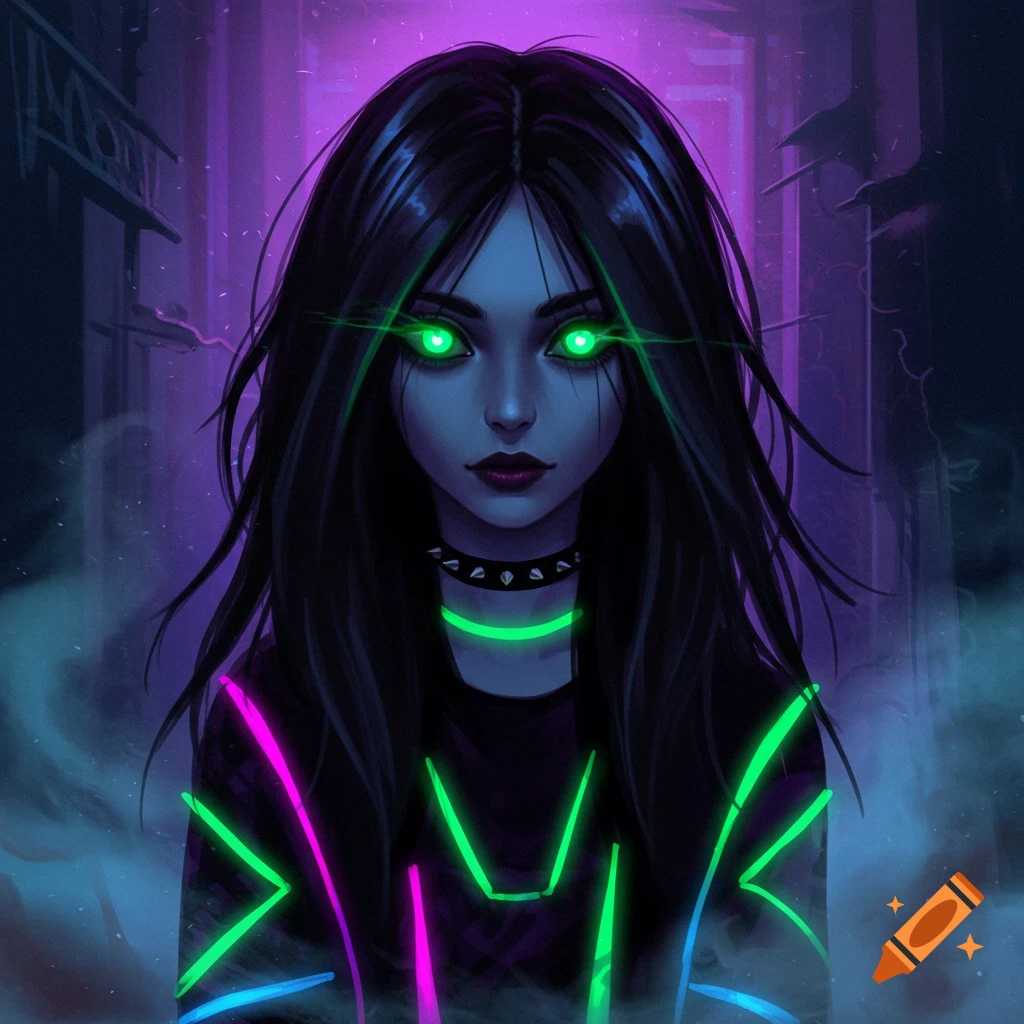 Digital art portrait of a character with long black hair, glowing green eyes, neon pink and green clothes in a purple-lit urban scene.
