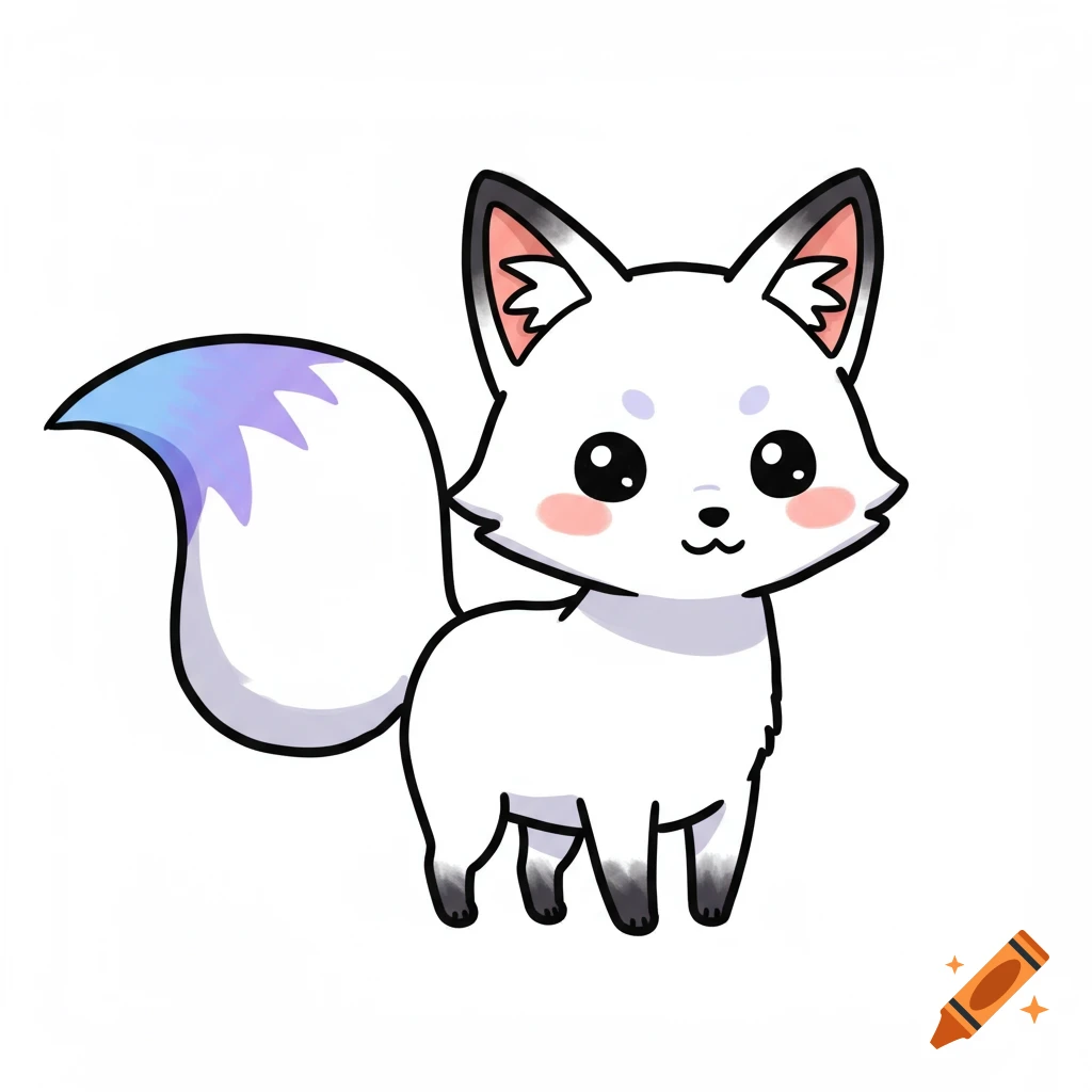 Cartoon illustration of a cute white fox with a blue and purple gradient tail, pink and black ears, and thick black outlines, on a white background.