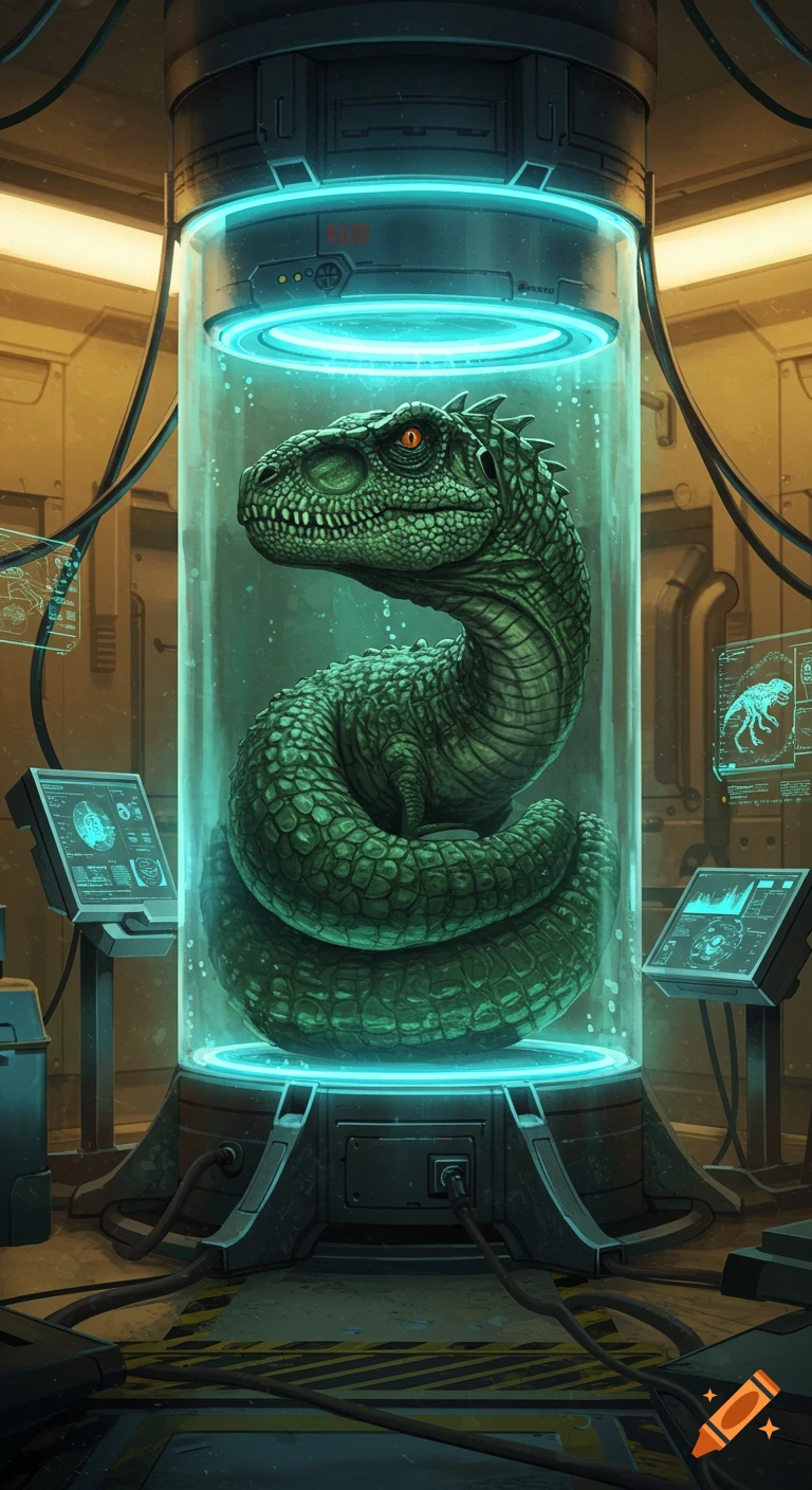A green dinosaur coiled in a glowing blue scientific capsule in a dimly lit laboratory with computer screens.