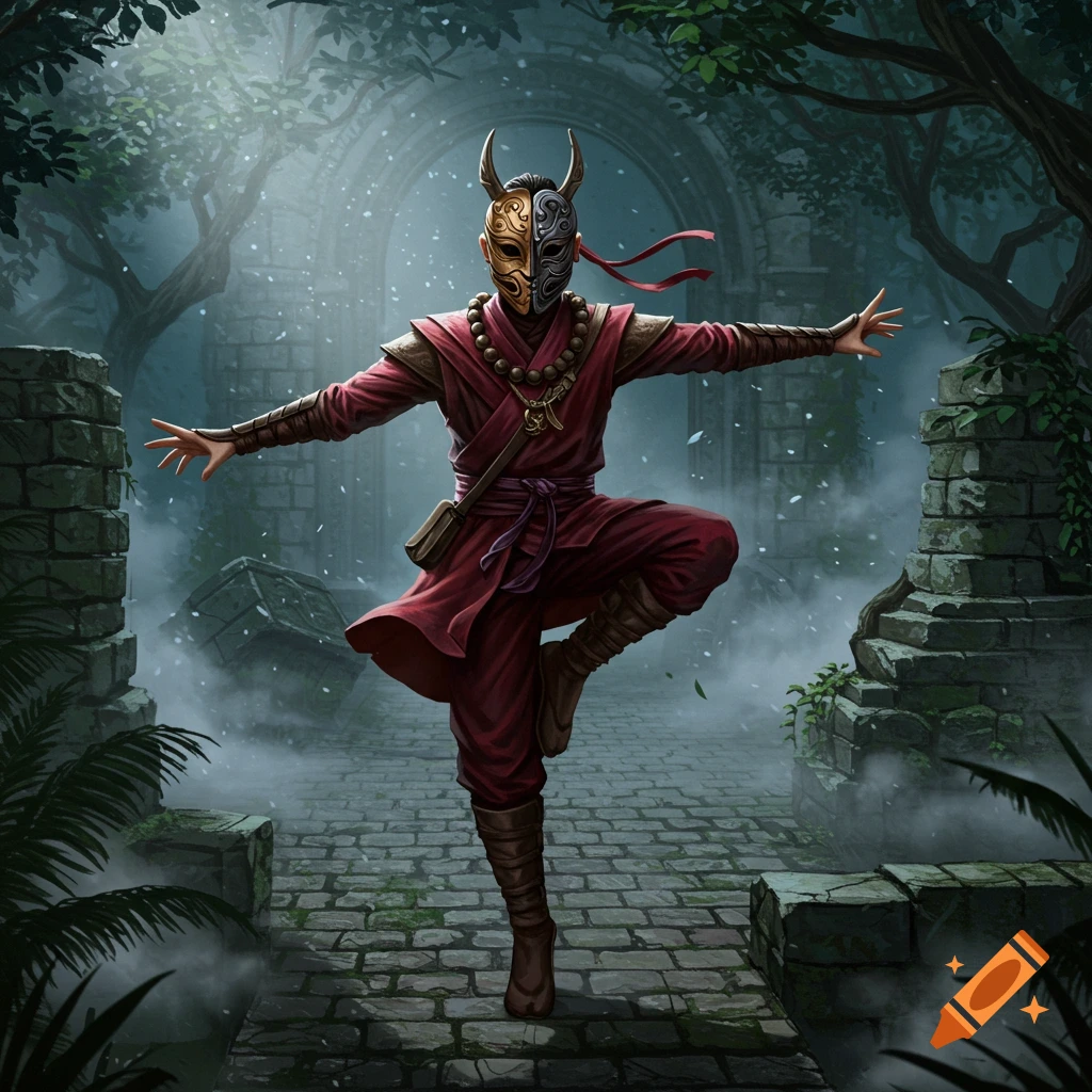 A masked character in a red monk robe poses dynamically in an ancient, misty stone ruin surrounded by overgrown trees.