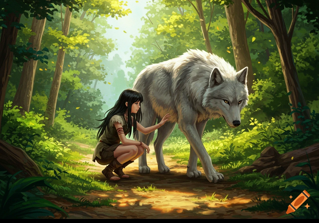 An anime-style illustration of a girl crouching on a sunlit forest path, gently petting a large gray wolf as it walks by.