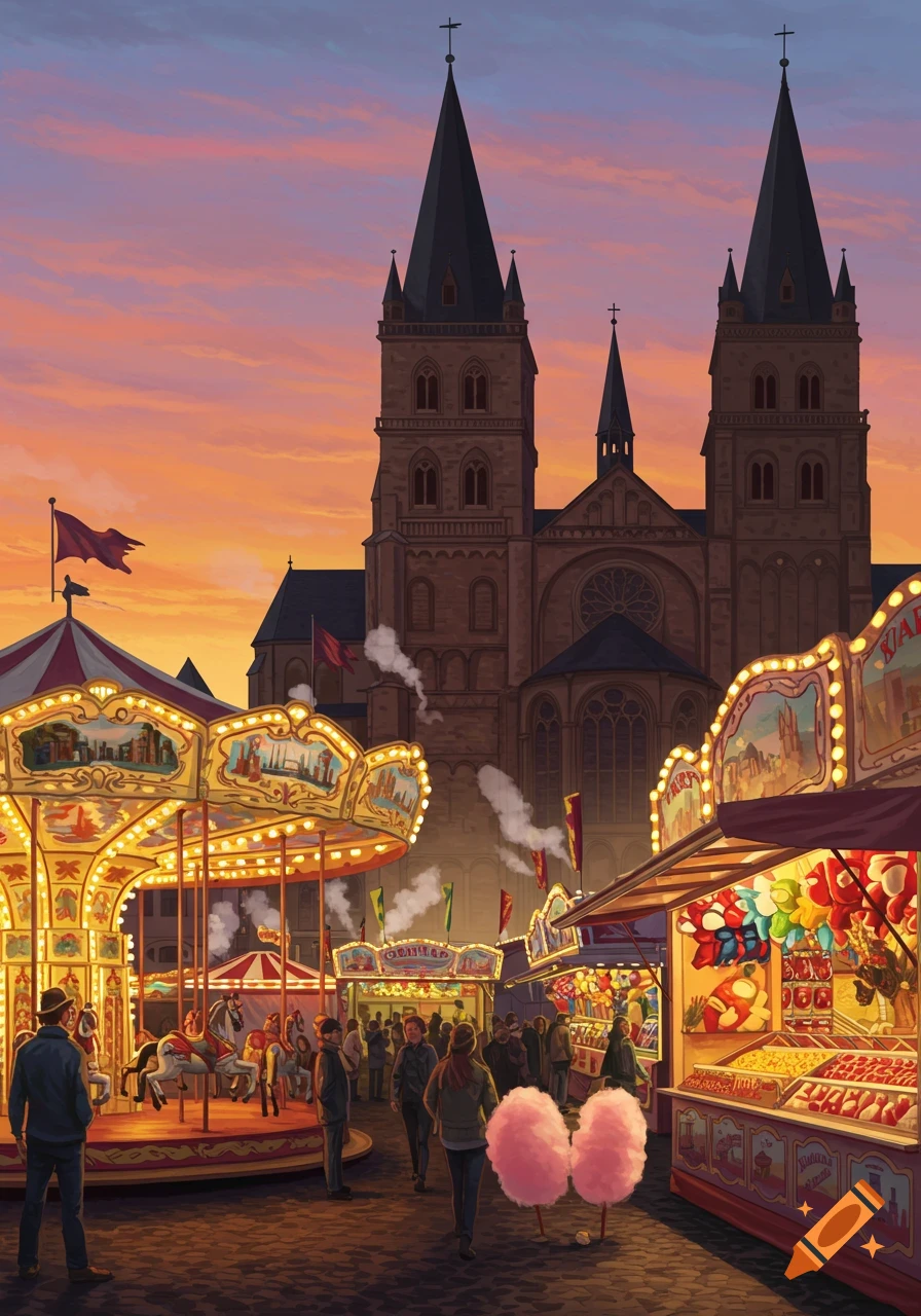 A vibrant carnival with a carousel and food stalls at sunset, with a large, ornate cathedral in the background.