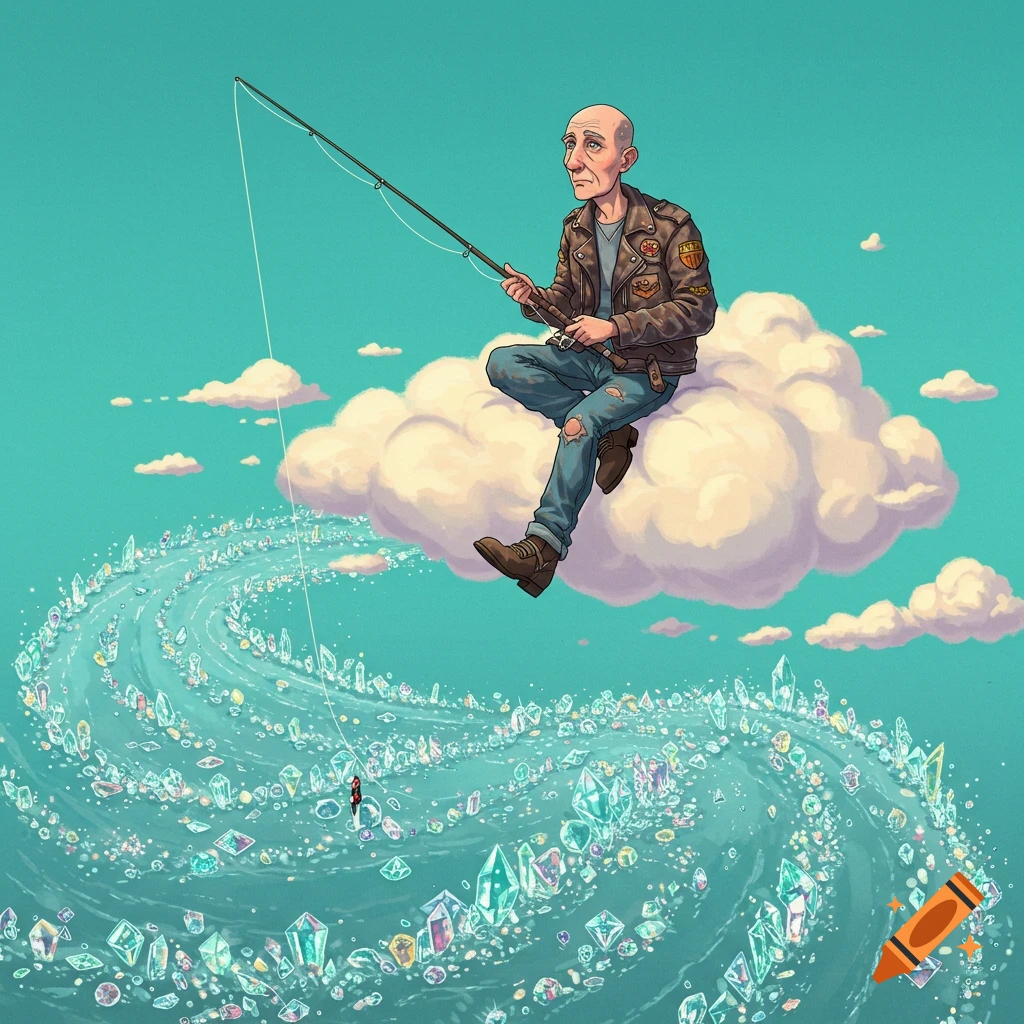 A bald man in a motorcycle jacket sits on a cloud, fishing with a rod into a swirling river of colorful diamonds in a turquoise sky. Illustrated.