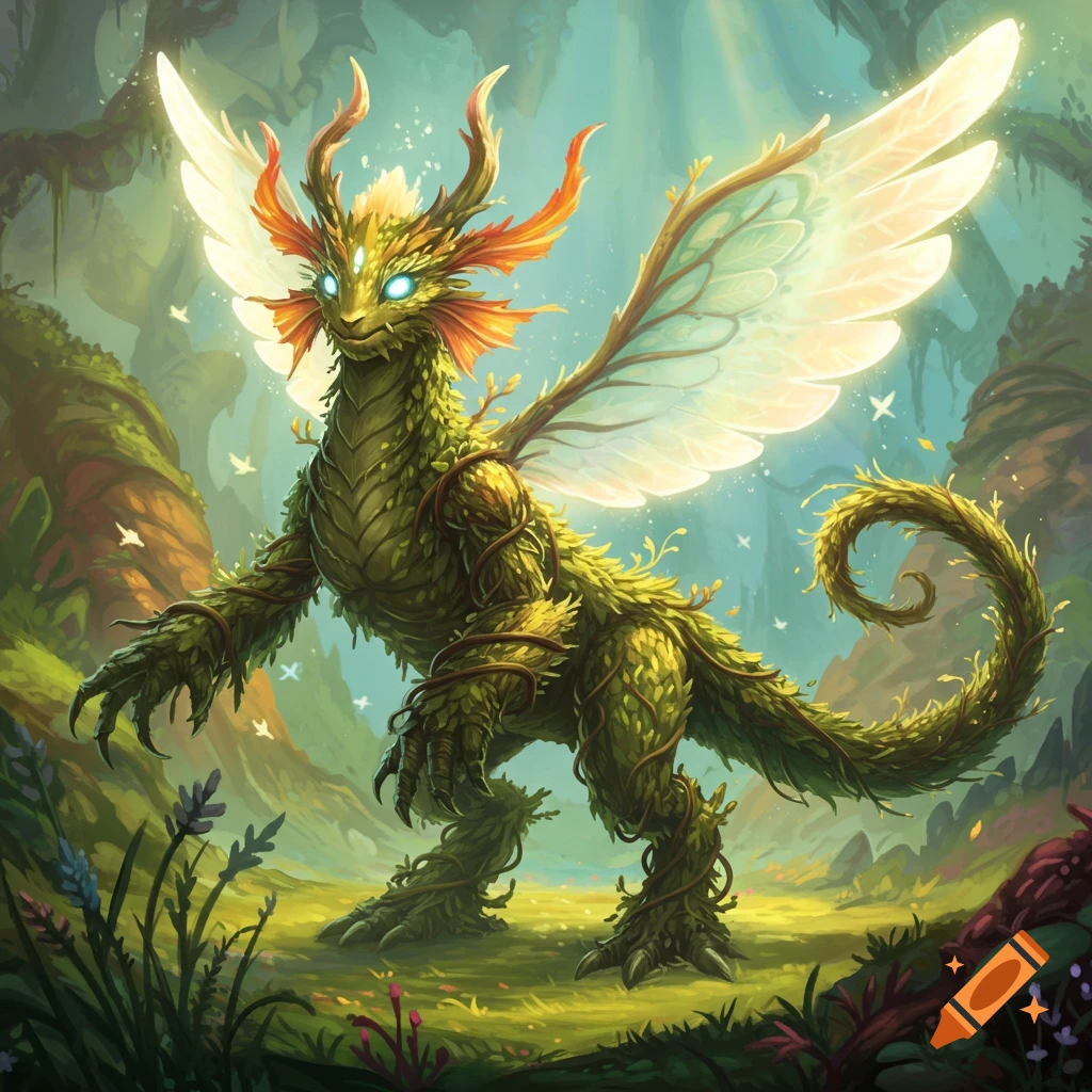 A verdant, plant-covered dragon monster with glowing eyes, horns, and translucent wings stands in a lush, sunlit fantasy forest.