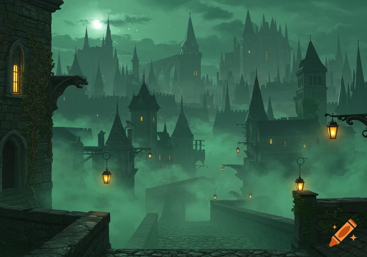 An eerie medieval fantasy city enveloped in green magical fog with glowing lanterns and towering spires under a full moon.