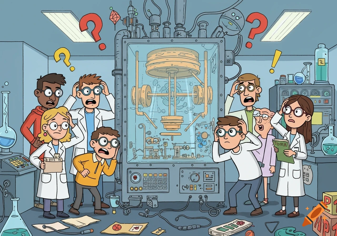 A group of cartoon scientists in a lab look puzzled at a large, complex quantum computer, with question marks floating above them.