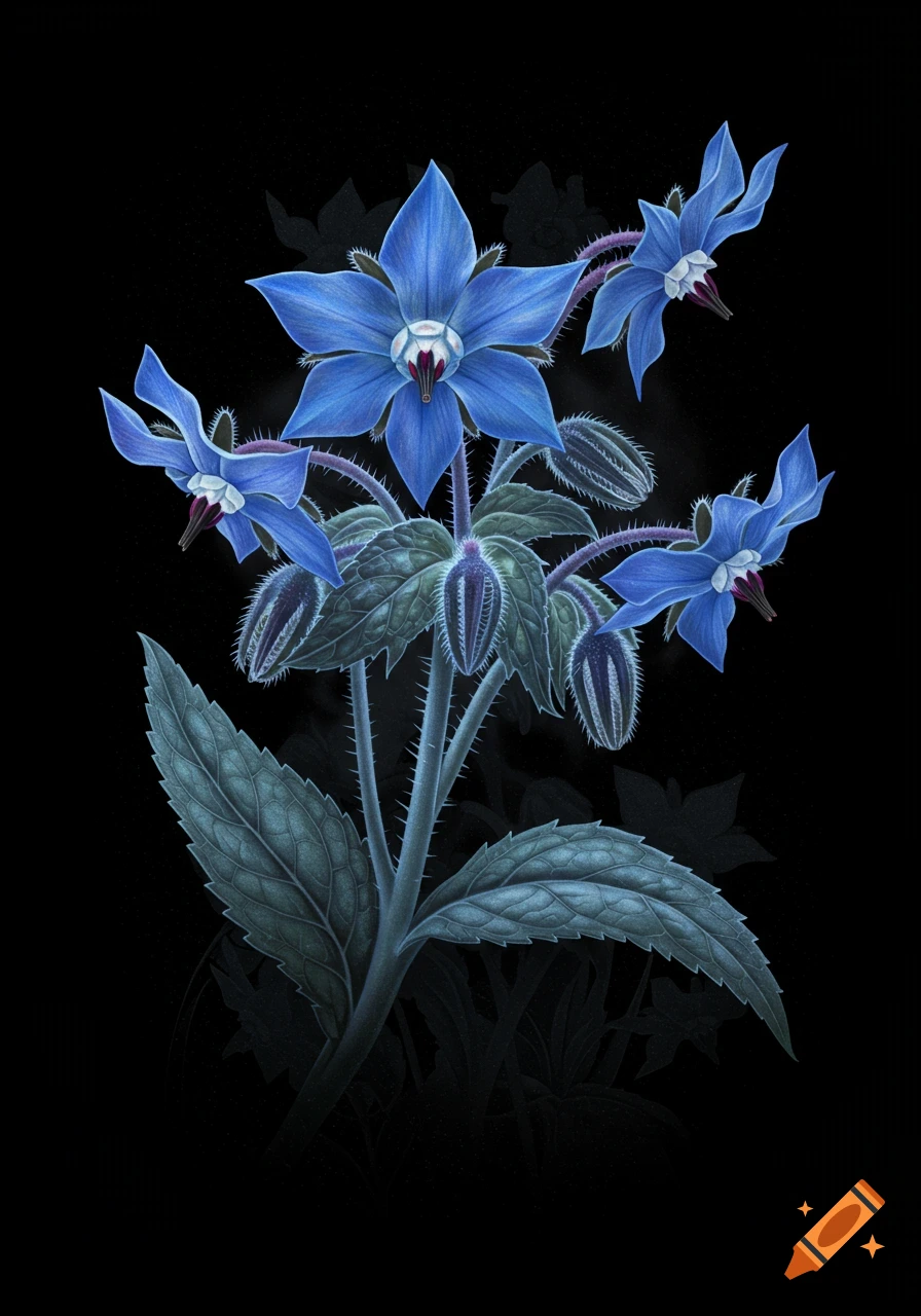 A vivid botanical illustration of blue borage flowers and buds with textured leaves on hairy stems, against a black background.