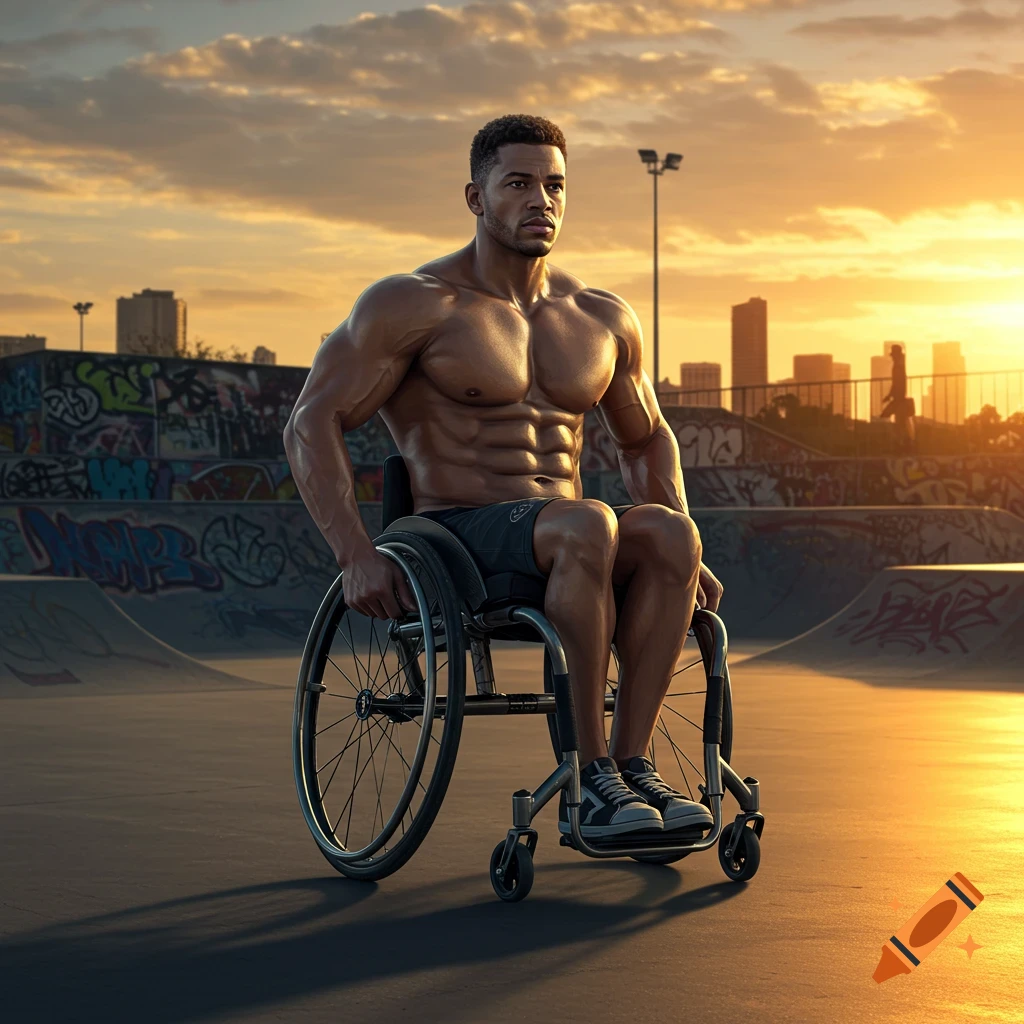 Photorealistic image of a muscular man in a wheelchair looking forward in an urban skate park at sunset.