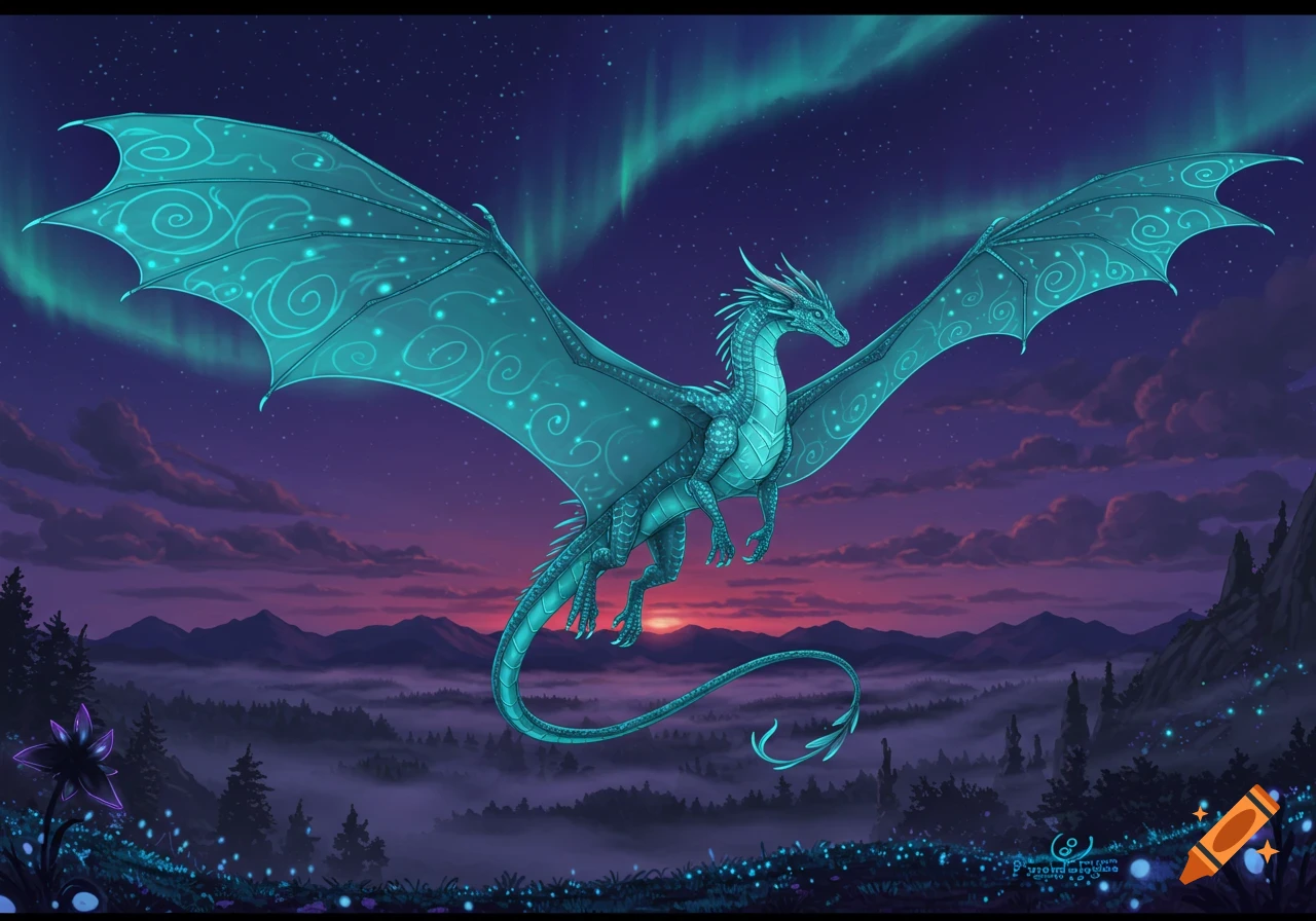 A teal dragon with glowing wings flies over a misty forest and mountains under a starry purple sky with green aurora borealis.