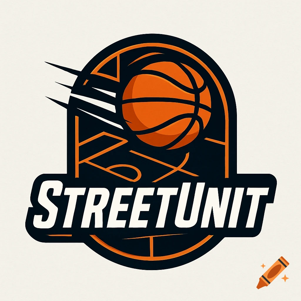A bold black, orange, and white logo for 'StreetUnit' featuring a basketball and abstract street court lines in a stylized, energetic design.