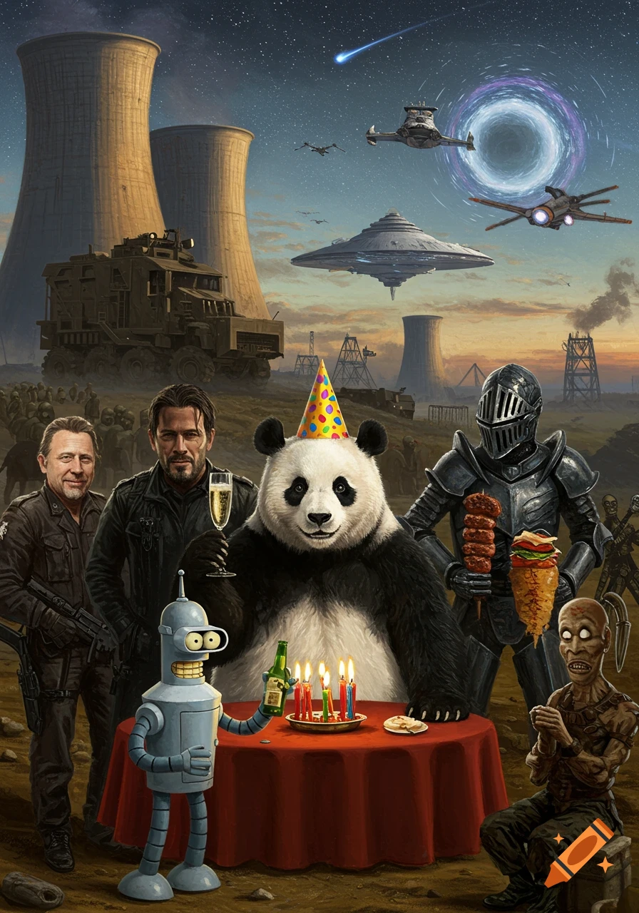 A surreal birthday party with a panda in a party hat, John Wick, Negan, Bender, a knight with a kebab, and a zombie, set against a backdrop of a power plant, War Rig, spaceships, and a wormhole in the sky.