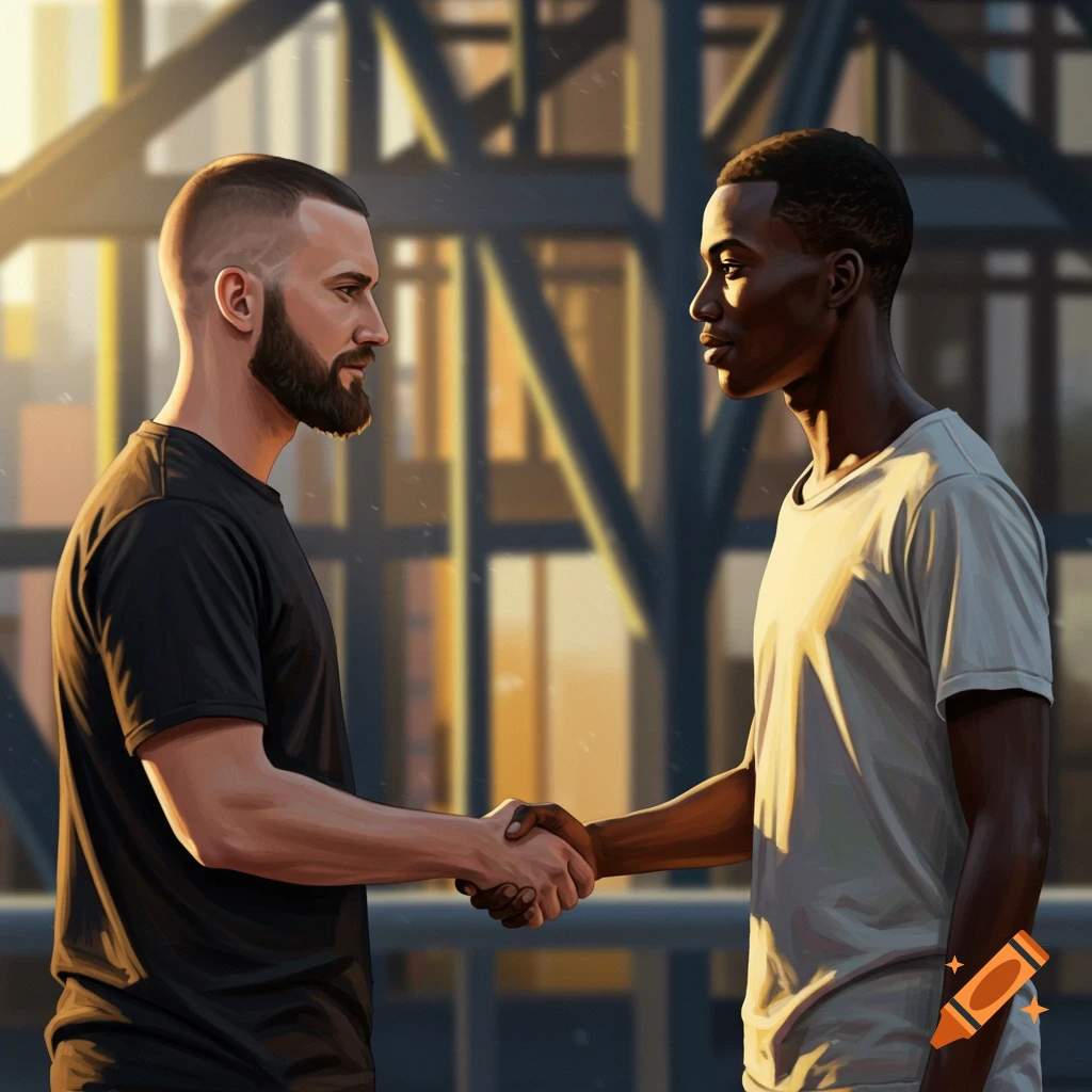 A white man with a beard and buzzcut shakes hands with a Black man with a buzzcut against a city background in digital art style.
