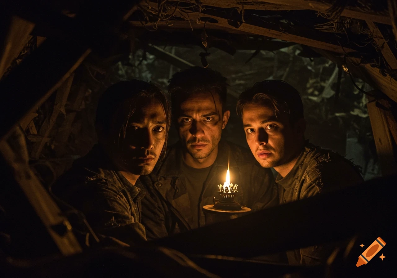 Three men with intense expressions, lit by an oil lamp in a dark, debris-filled space, looking forward. Photorealistic.