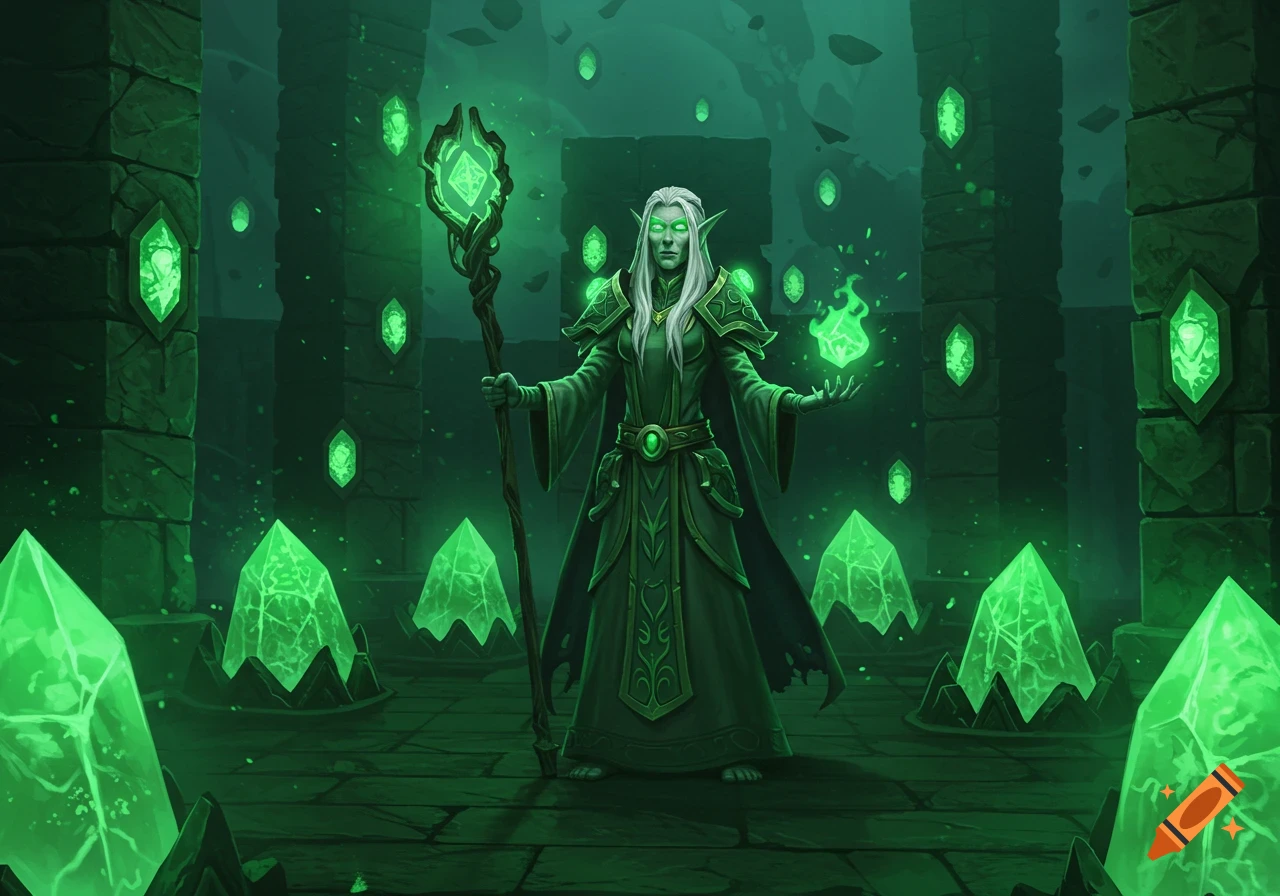 A computer animated ancient elf in glowing green robes and staff in an eerie labyrinth filled with glowing green gems.