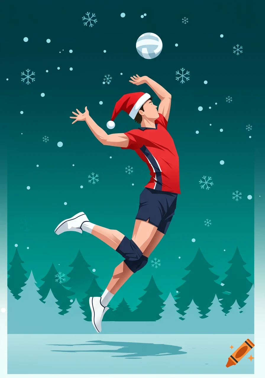 Illustration of a volleyball player in a Santa hat mid-jump, hitting a ball in a snowy, festive winter scene with pine trees.