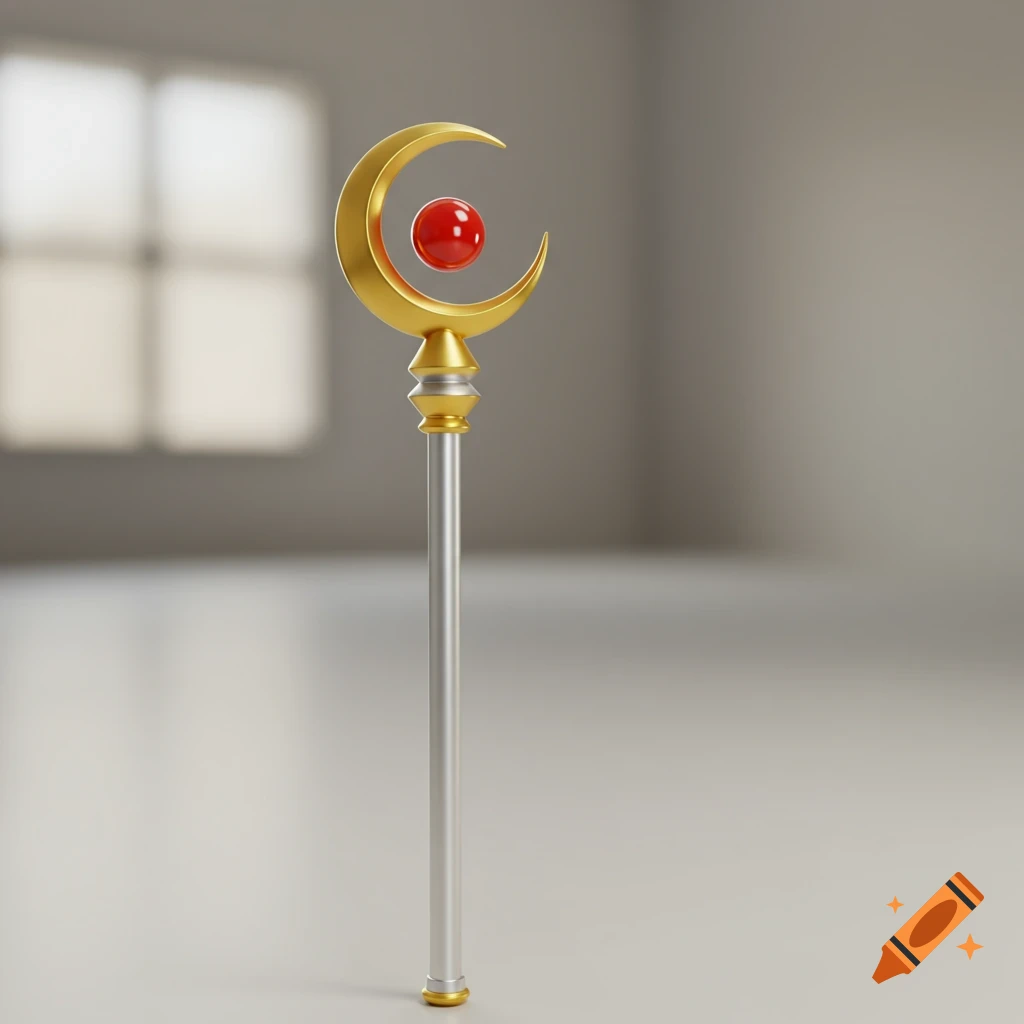 A gold and silver magical fantasy staff with a crescent moon and a red orb, against a blurred background.