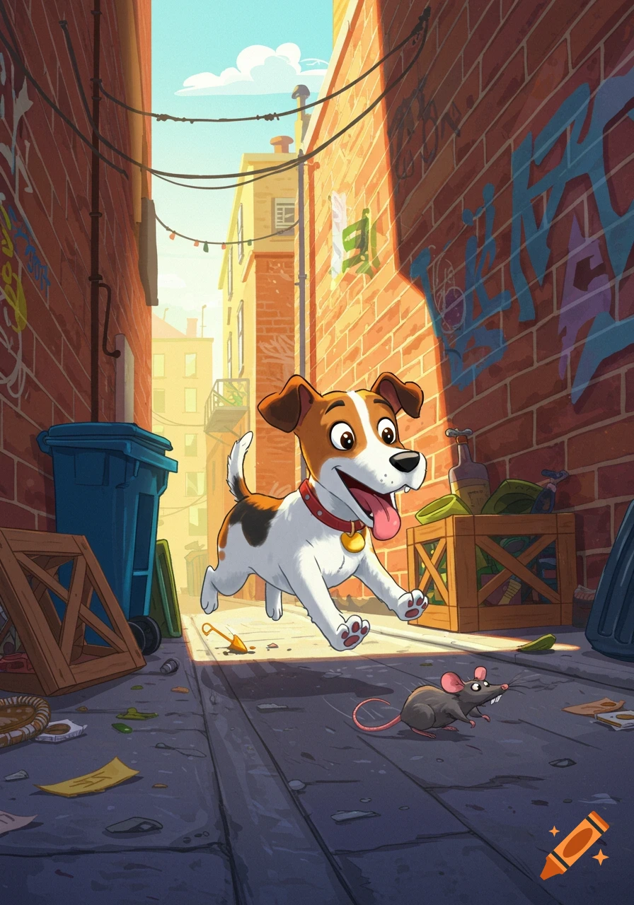 A happy cartoon Jack Russell terrier chases a rat down a dirty, graffiti-covered alley in bright sunlight.