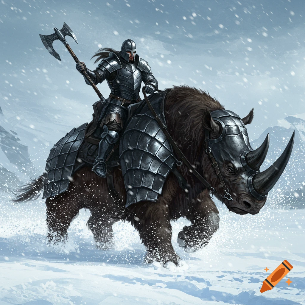 A knight in dark armor rides an armored woolly rhinoceros through a snowy landscape, wielding a large axe. Digital painting.
