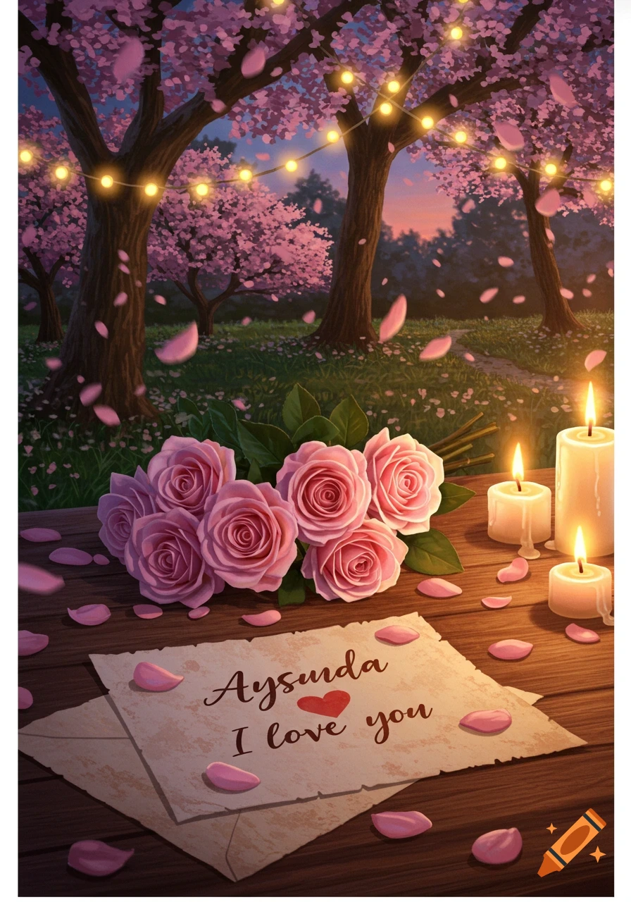 Pink roses, burning candles, and a 'Aysunda I love you' note on a wooden table in a cherry blossom park with string lights at sunset.