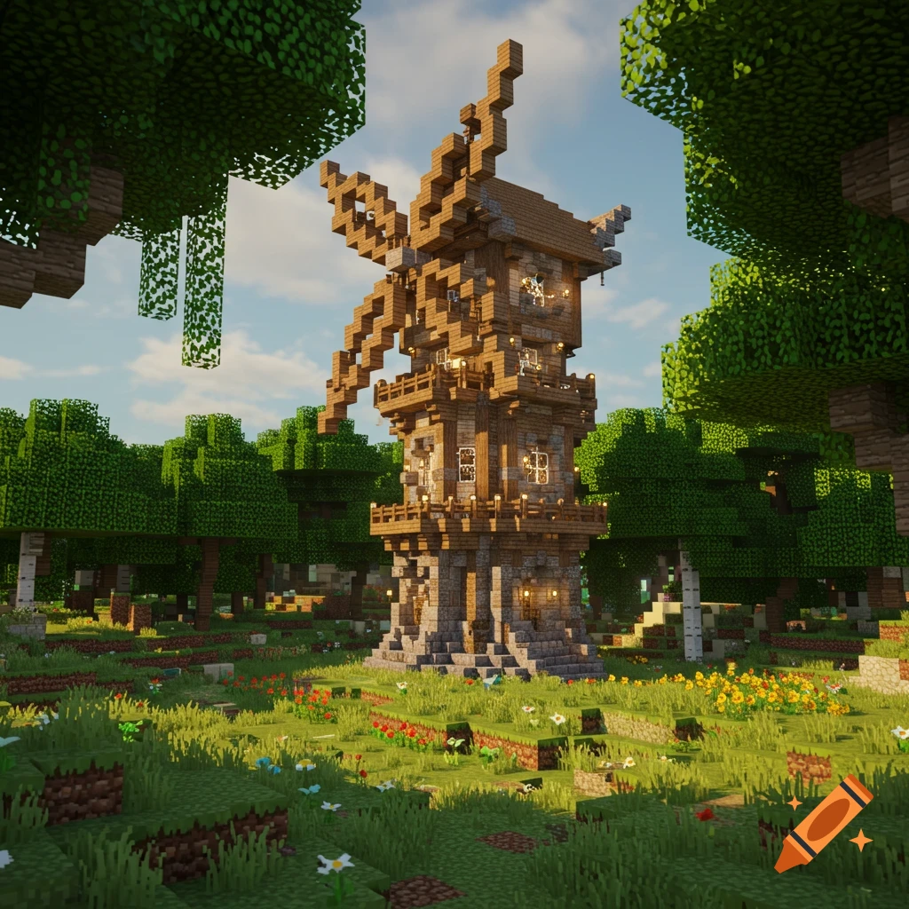 A large, highly detailed medieval-style Minecraft windmill in a vibrant forest clearing with flowers.