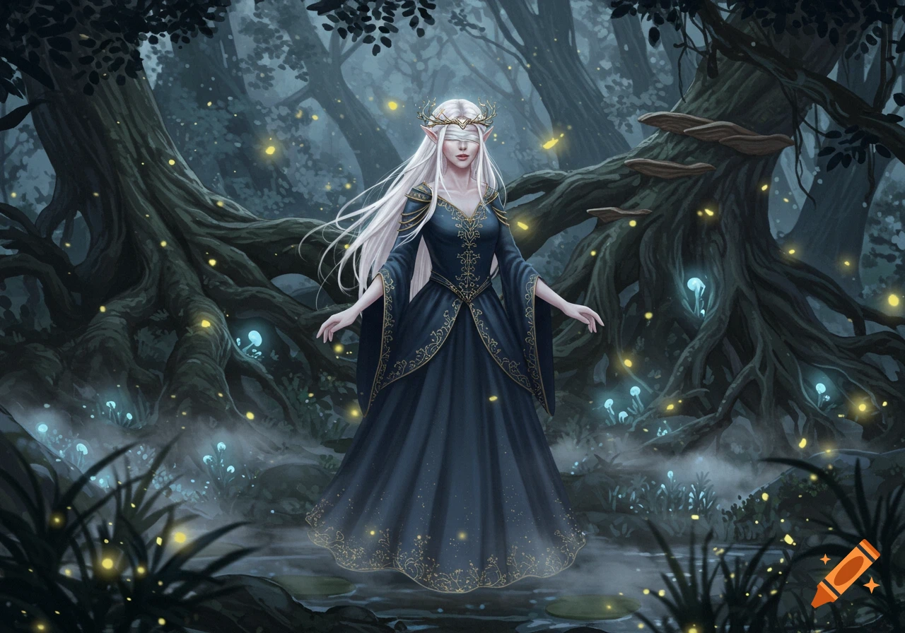 A blind elf princess with white hair and a golden crown stands in an enchanting, dark forest with glowing fungi and fireflies.
