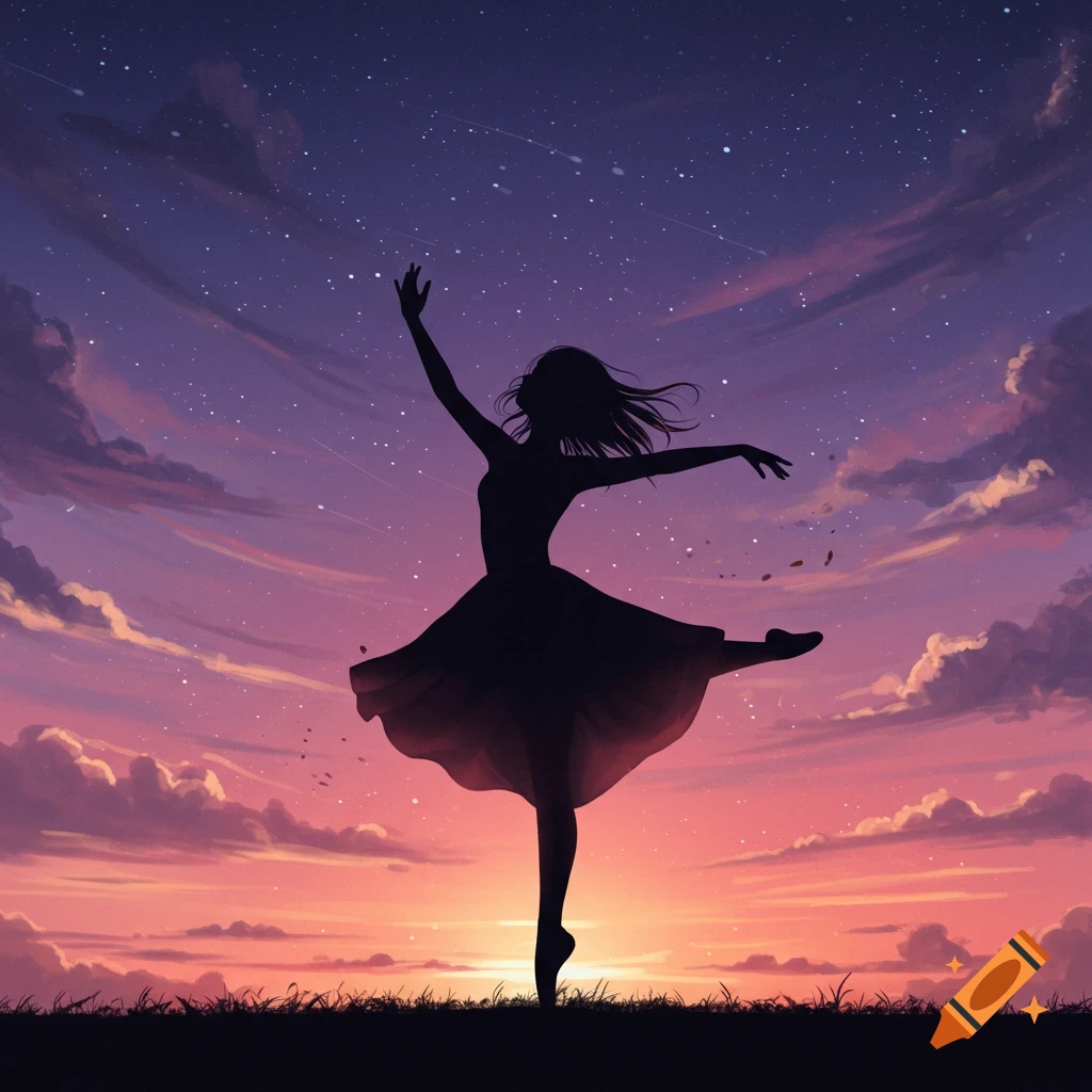 A silhouette of a girl dancing with arms outstretched against a vibrant sunset sky filled with stars and clouds.