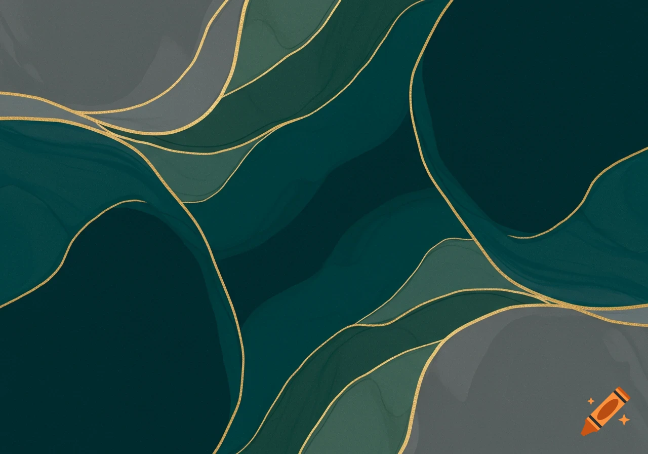 Modern abstract pattern with flowing emerald green, teal, and gray shapes outlined in shimmering gold.