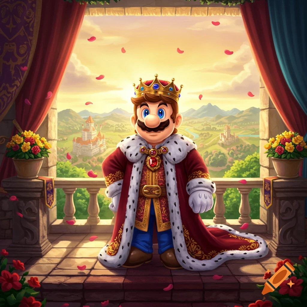 King Mario stands on a grand balcony overlooking his kingdom with castles and hills, rose petals falling around him, in a colorful fantasy art style.