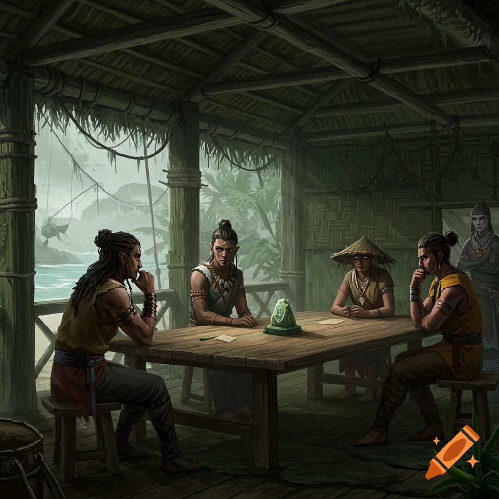 A fantasy illustration of four men meeting at a wooden table inside a tropical longhouse by the ocean on a cloudy day.