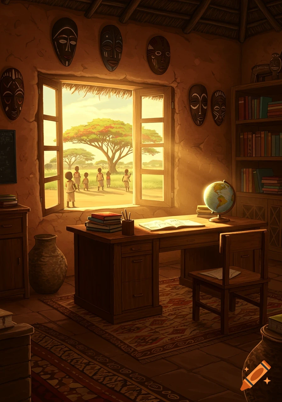 An illustrated African classroom with a wooden desk, books, globe, and masks on the walls, looking out to children in a savanna landscape.
