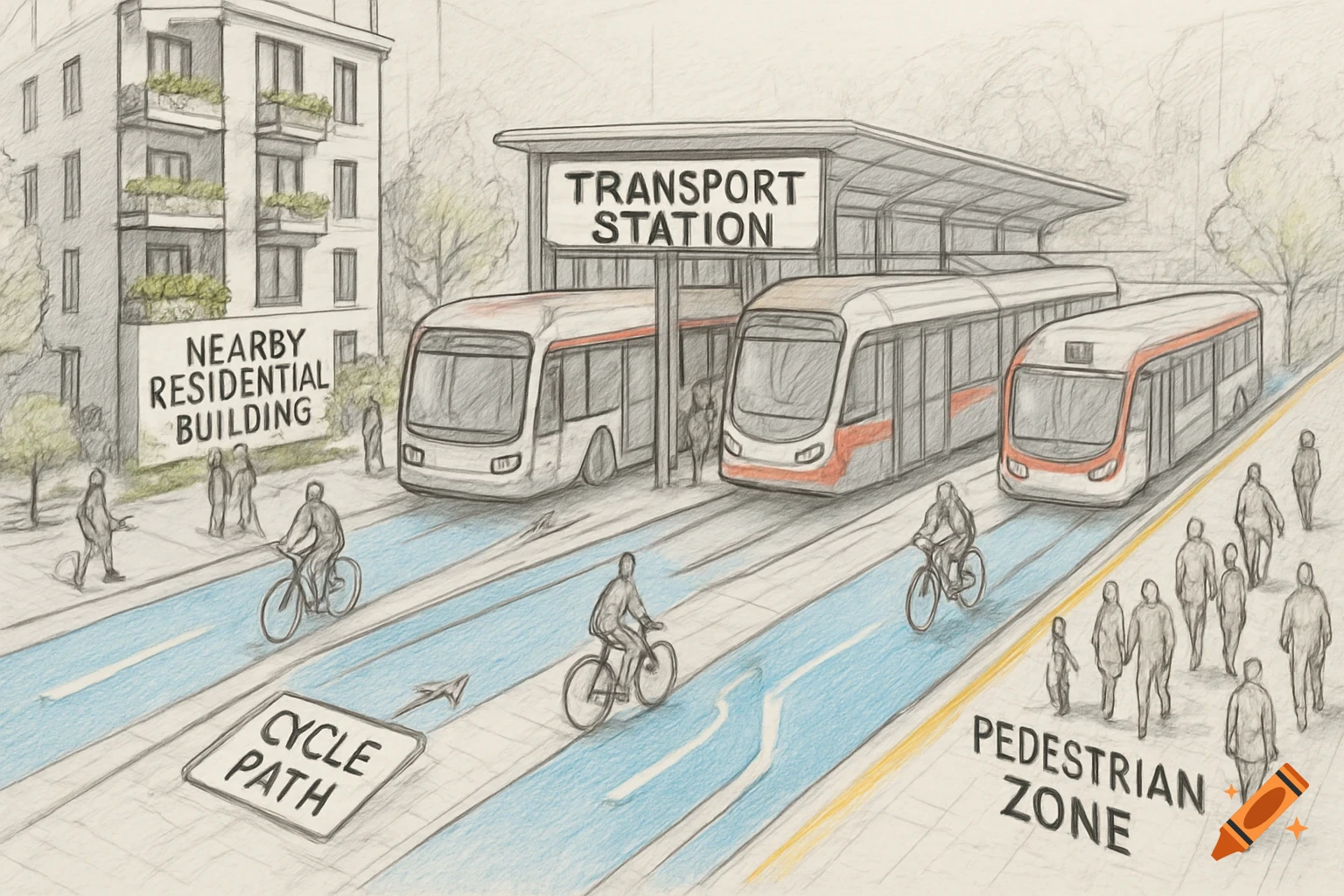 A detailed sketch of an urban transport station with buses, cycle paths, a pedestrian zone, and a residential building.