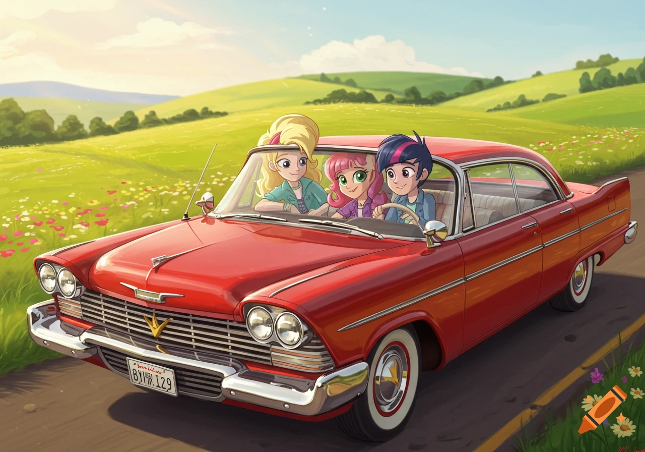 Three animated characters from My Little Pony drive a red 1958 Plymouth Belvedere through a sunny, green countryside.