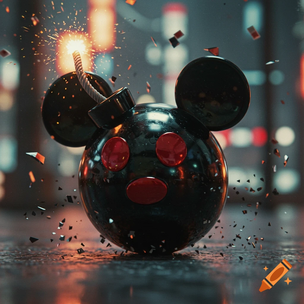A dark, stylized Mickey Mouse bomb with a lit fuse and sparks sits on a wet, reflective surface.