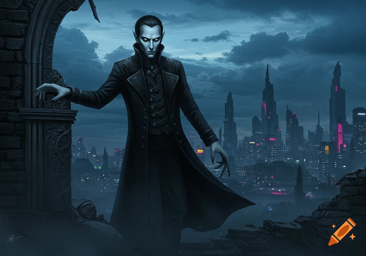 A stylized illustration of a pale, sharp-featured vampire in a dark coat, standing against a cyberpunk-like city skyline at dusk.