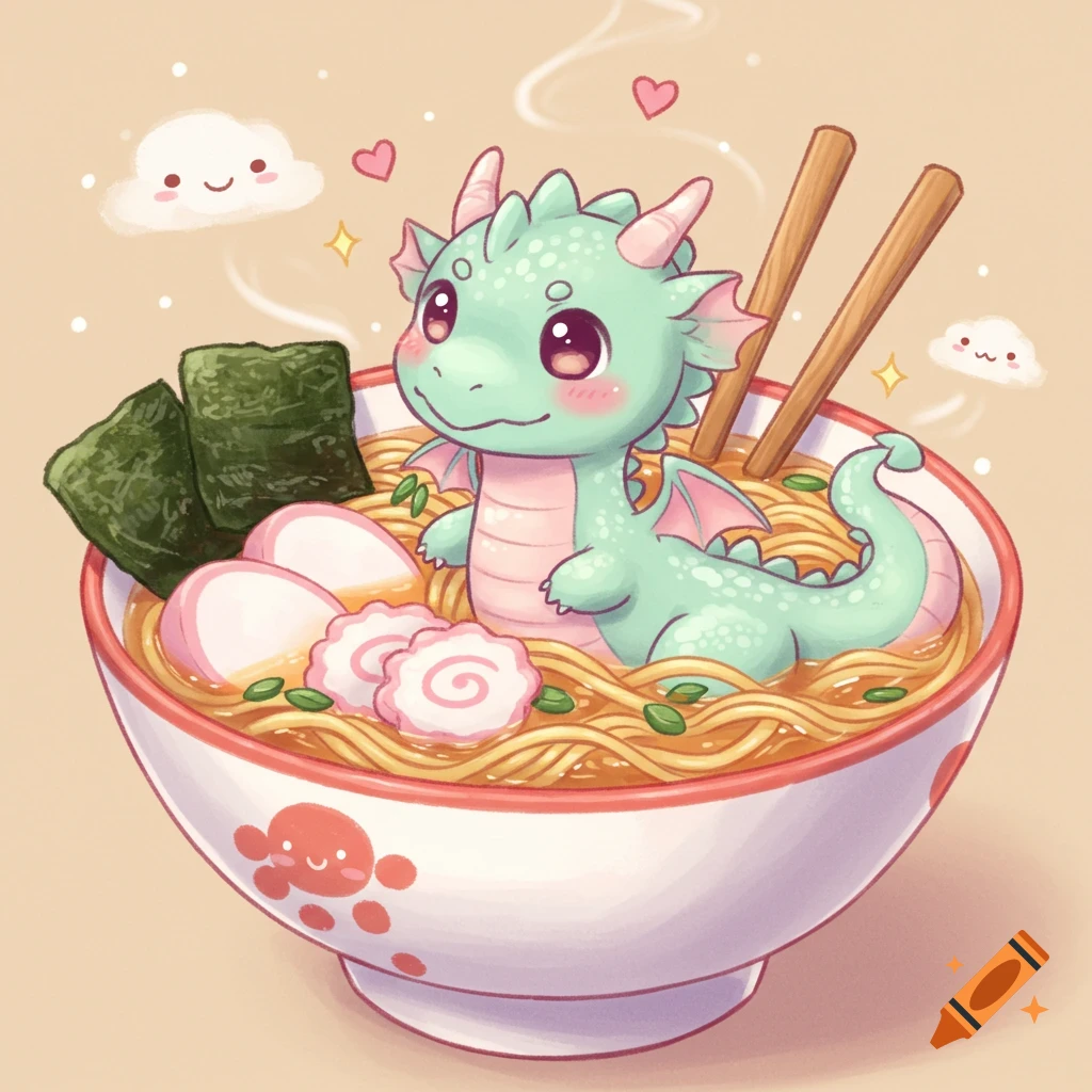 A cute green dragon with pink accents sits in a steaming bowl of ramen, surrounded by noodles, nori, and narutomaki, in a kawaii illustration style.