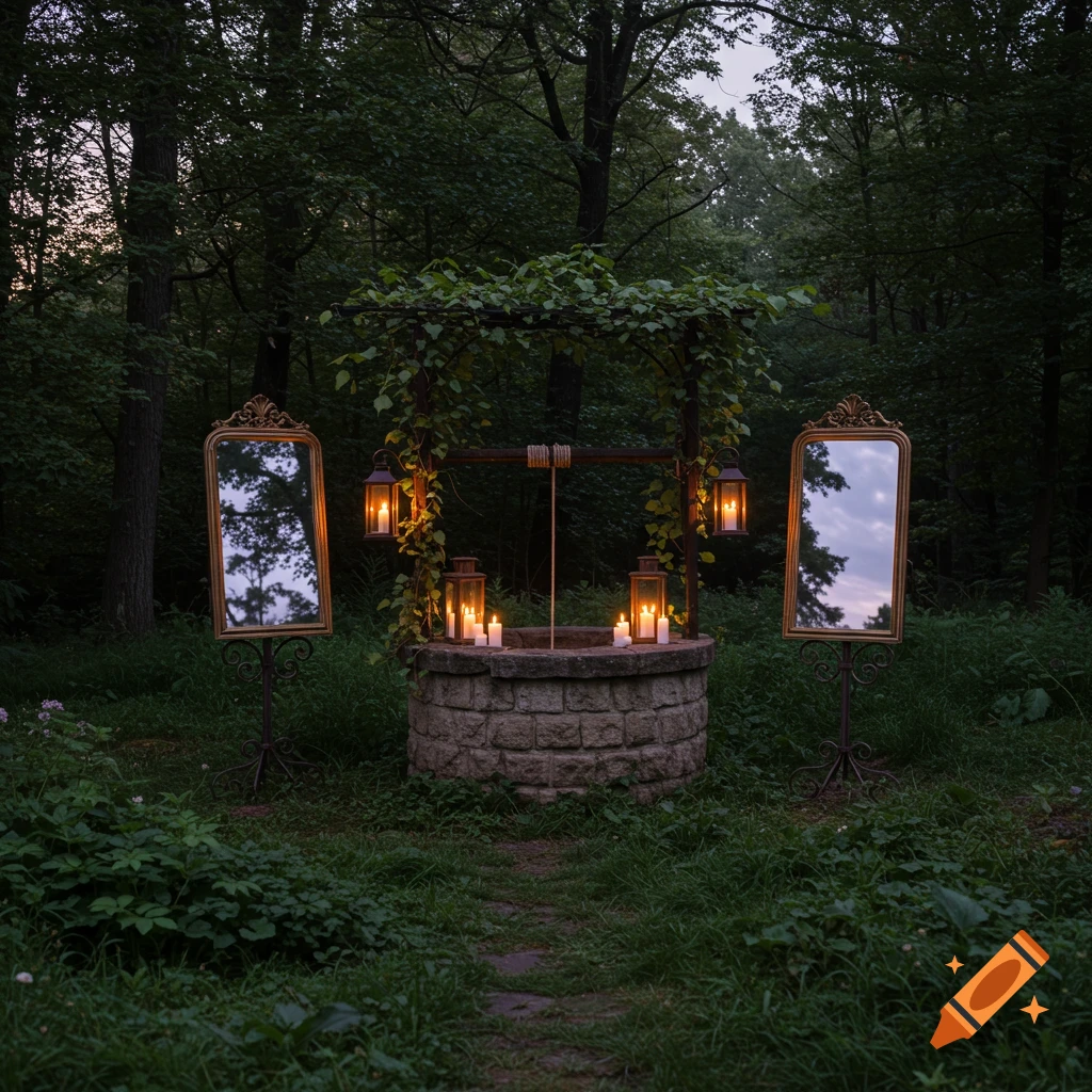 A mystical stone well with lit candles and lanterns, flanked by two ornate mirrors, set in a dark, overgrown forest.