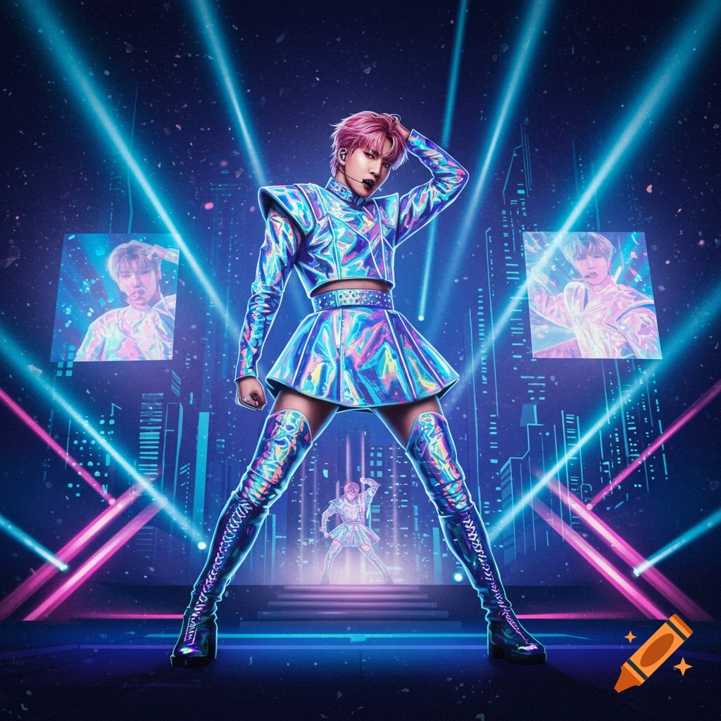 A vibrant K-pop performer in a holographic blue and purple outfit poses on a stage with neon lights and screens showing their image.
