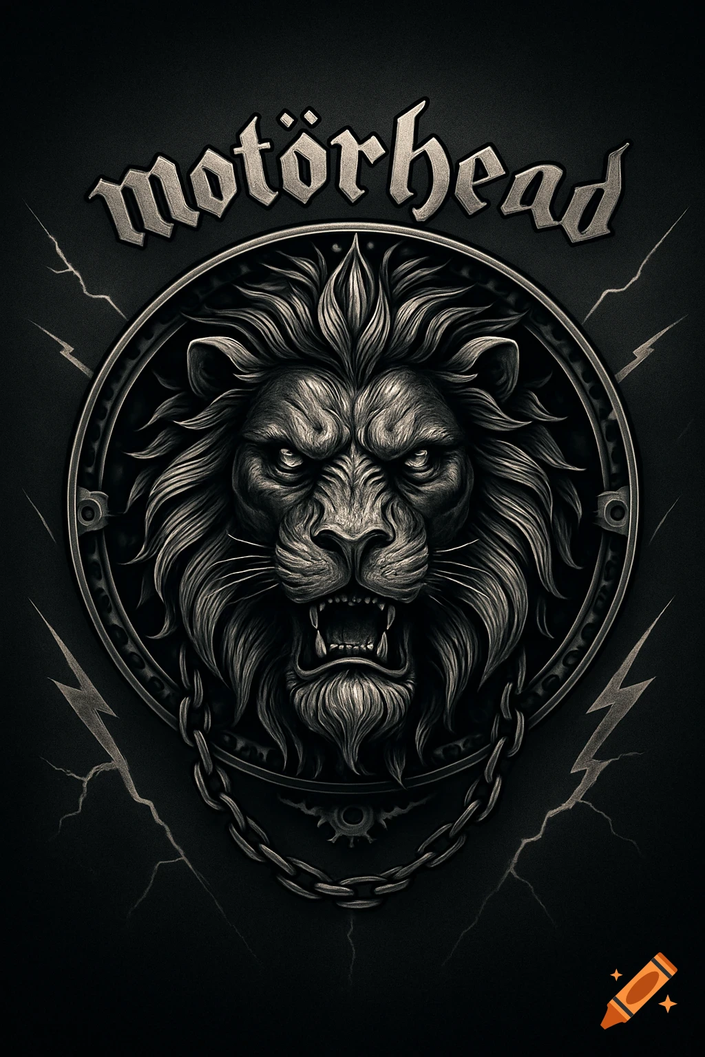 Grayscale illustration of a roaring lion's head in a chained circular frame with lightning bolts. 'motörhead' text above.