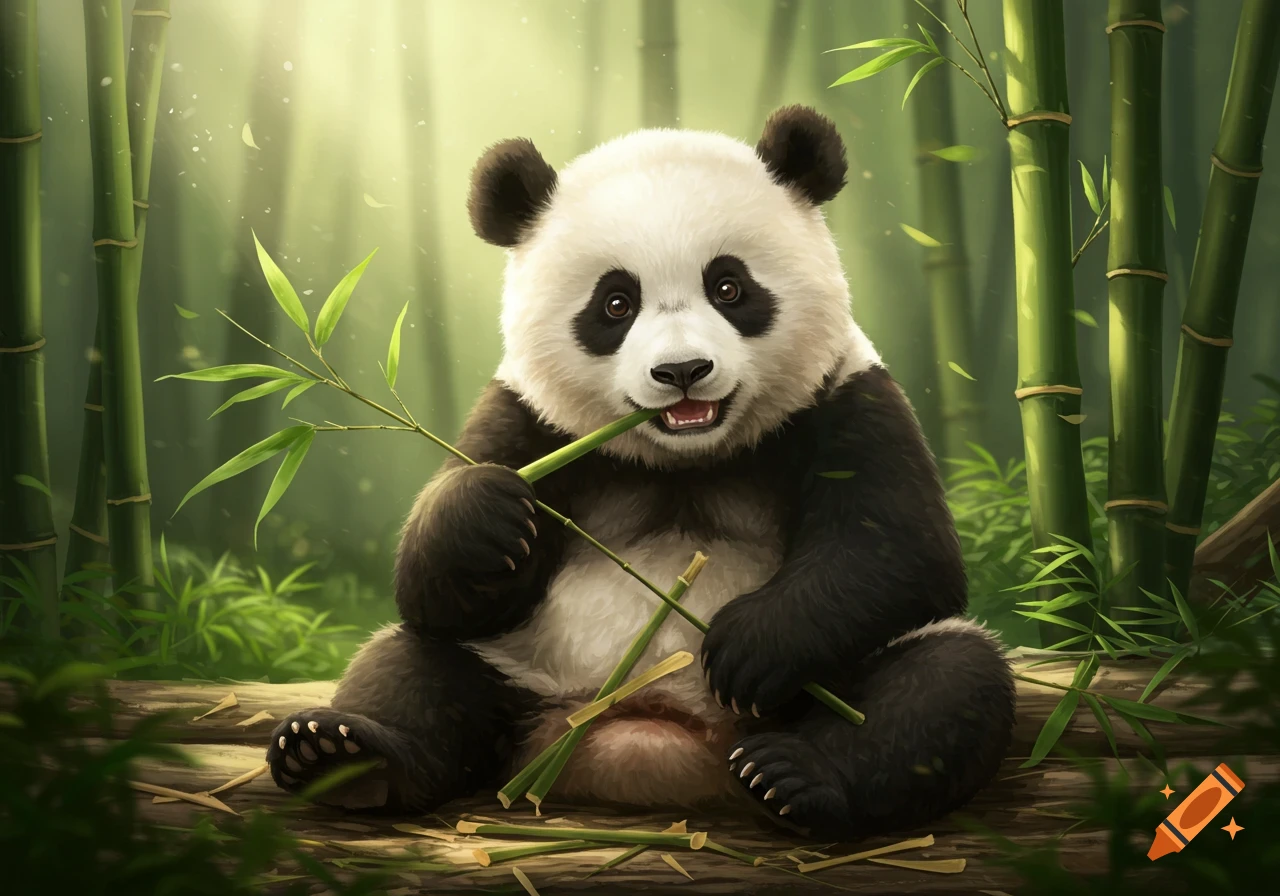 A cute baby panda sits happily in a sun-dappled bamboo forest, munching on a bamboo stalk in a digital painting style.
