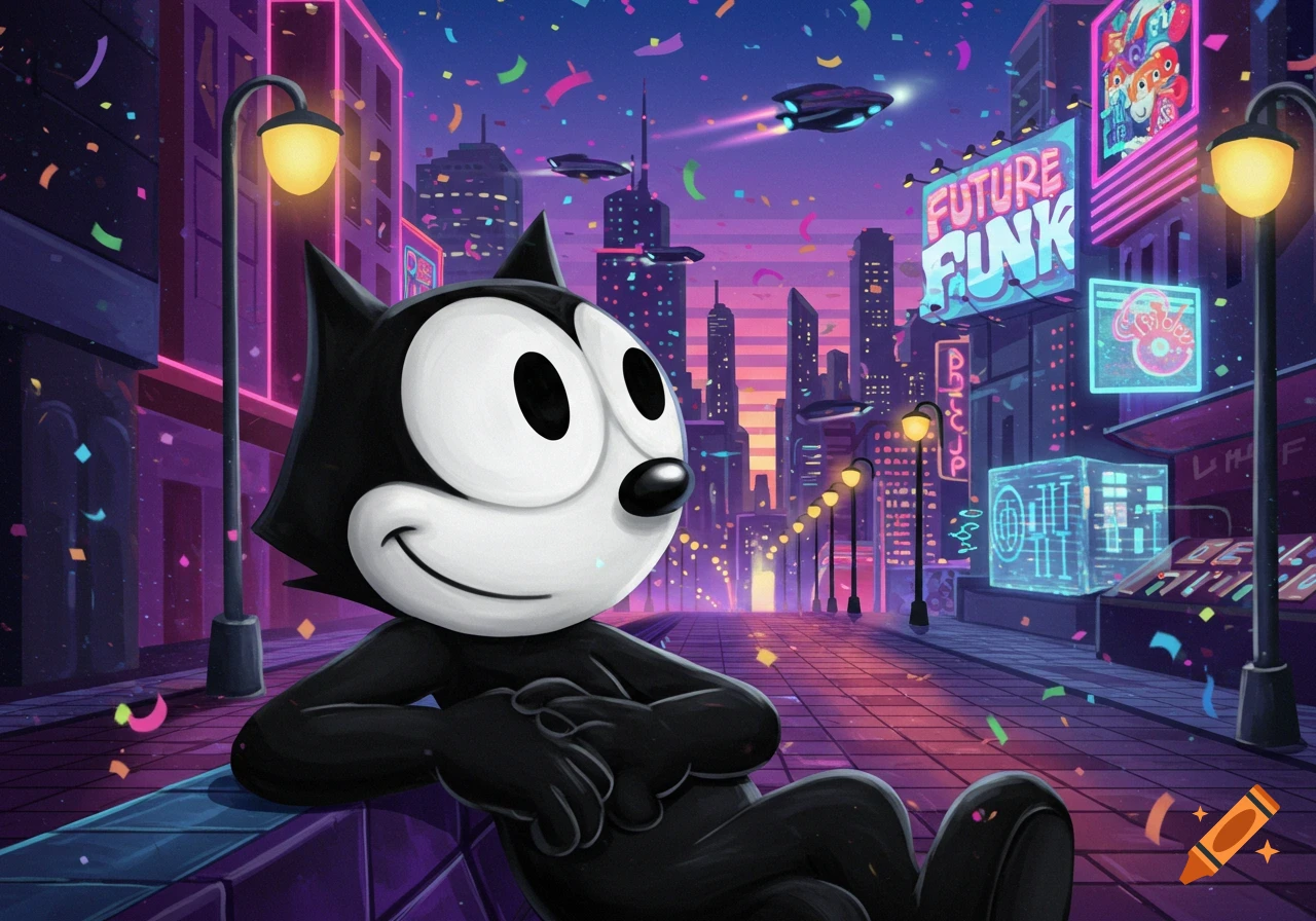Felix the Cat relaxing on a bench in a vibrant, neon-lit futuristic cityscape at night.