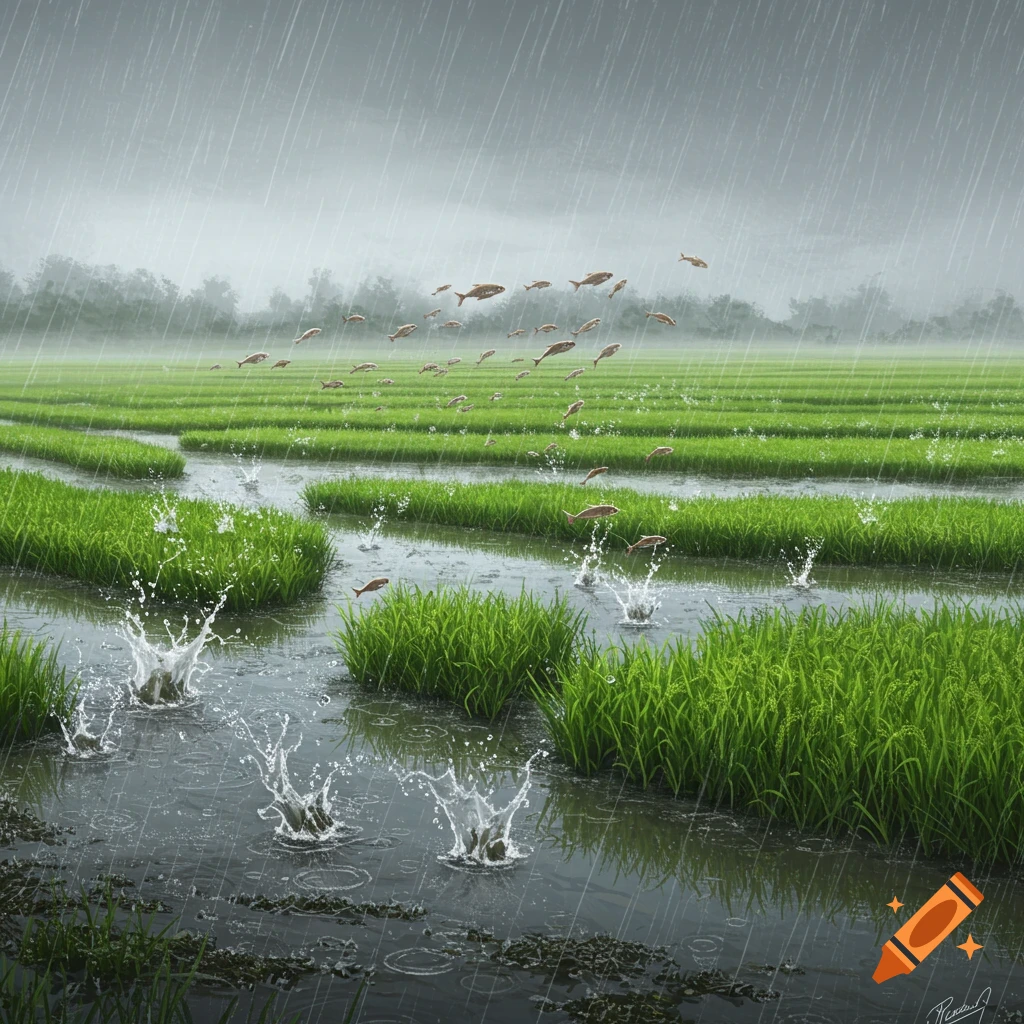 Rain falls on lush green rice paddies with hundreds of fish leaping out of the water, creating splashes.