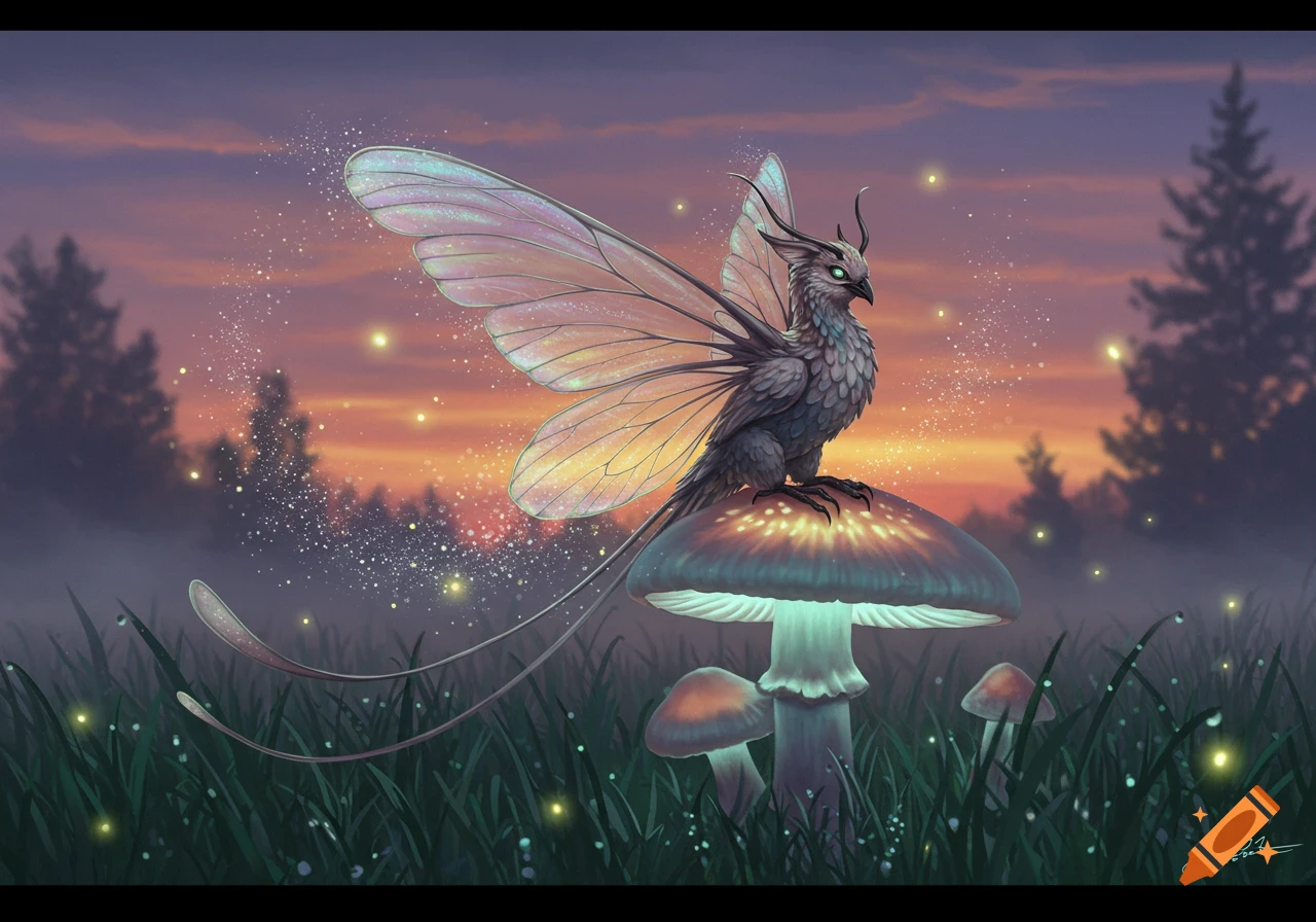 A grey, feathered fantasy creature with large iridescent wings and glowing green eyes sits on a bioluminescent mushroom in a misty, magical forest at sunset.