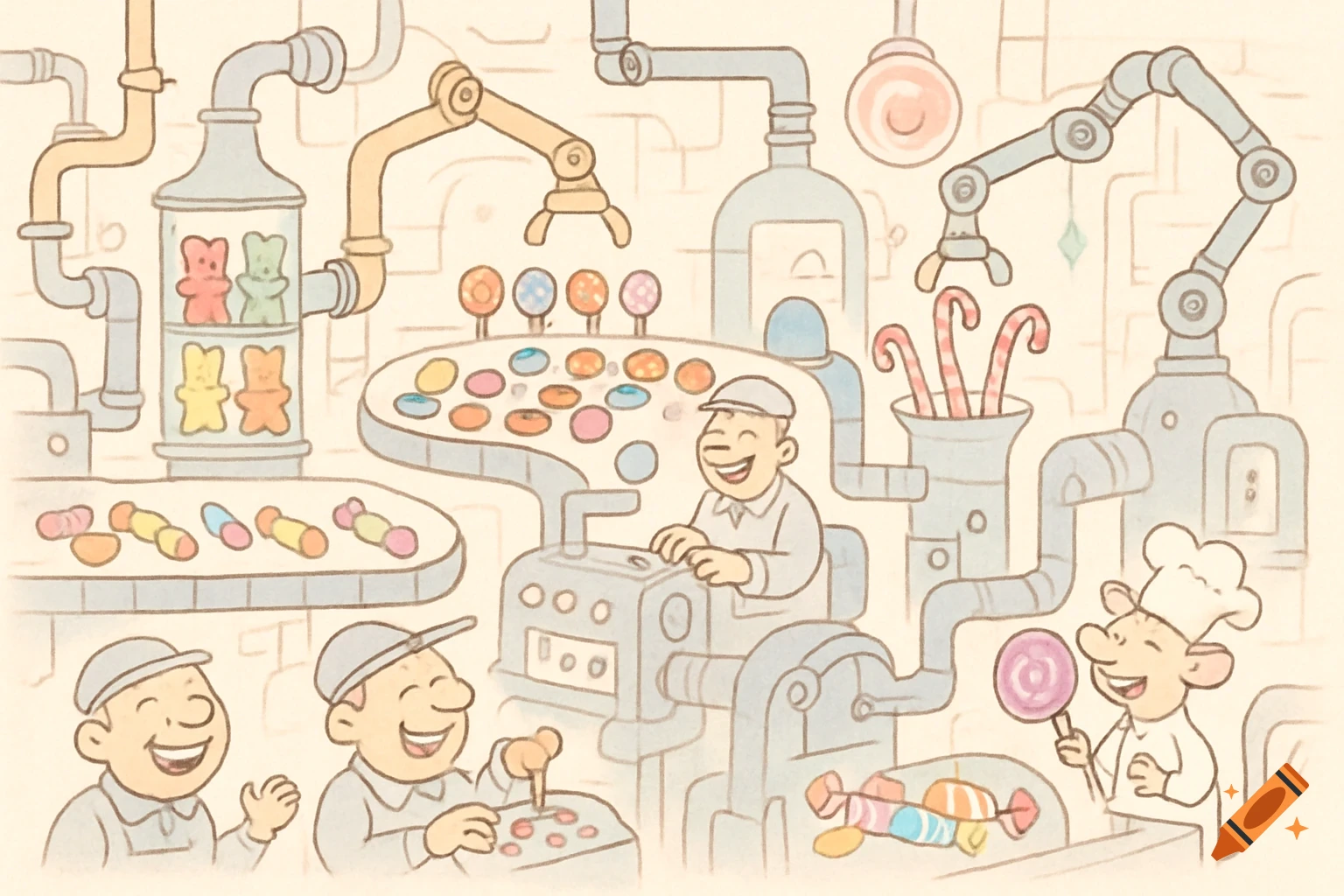 A colorful cartoon illustration of a bustling candy factory with cheerful workers and various candy-making machines.